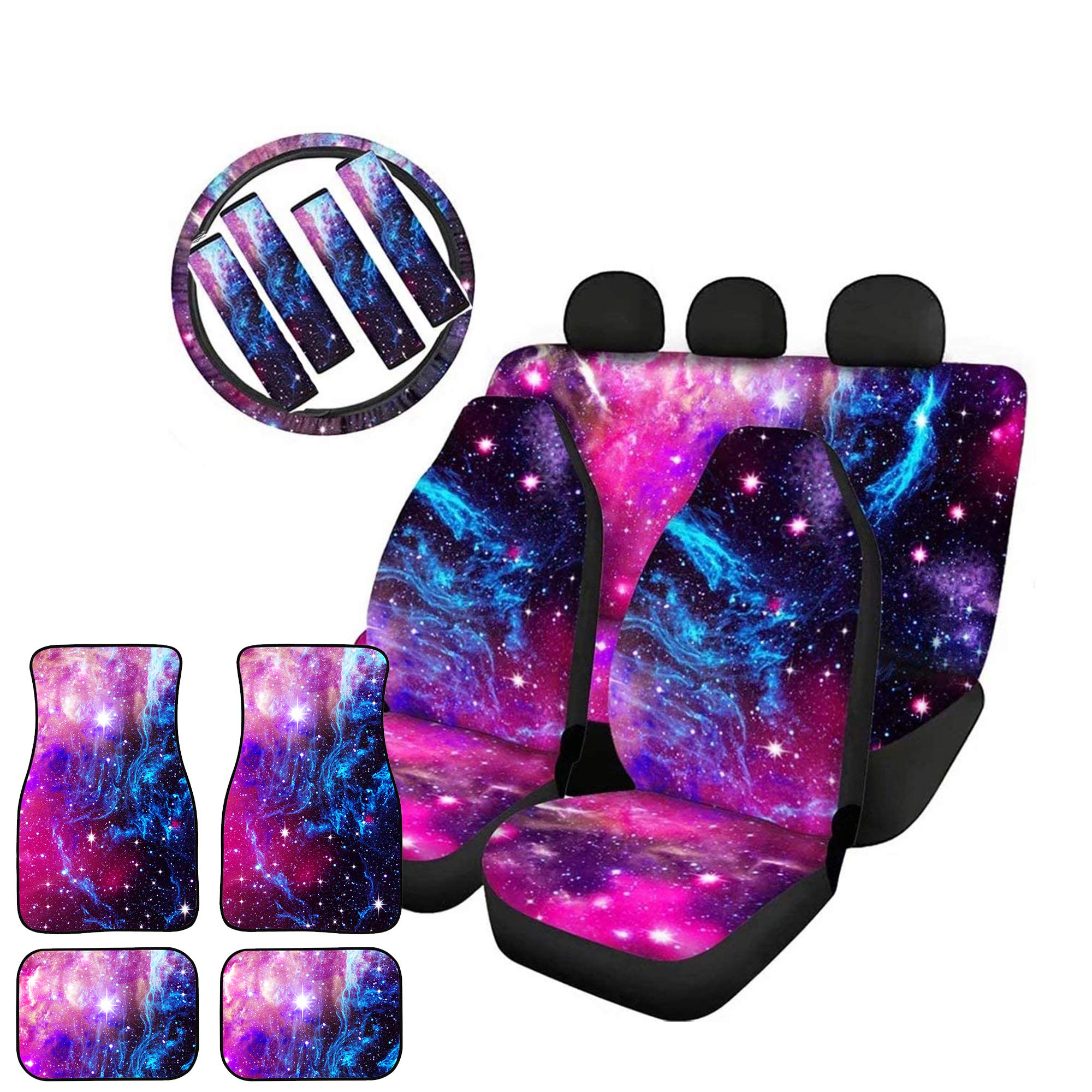 GePrint Purple Universe Stars Print 13-in-1 Car Accessories Set - Non-Slip Seat Covers, Floor Mats, Seatbelt Covers & Steering Wheel Cover - Perfect Gift for Car Enthusiasts (Great for Road Trips, Daily Commutes & Custom Car Decor)