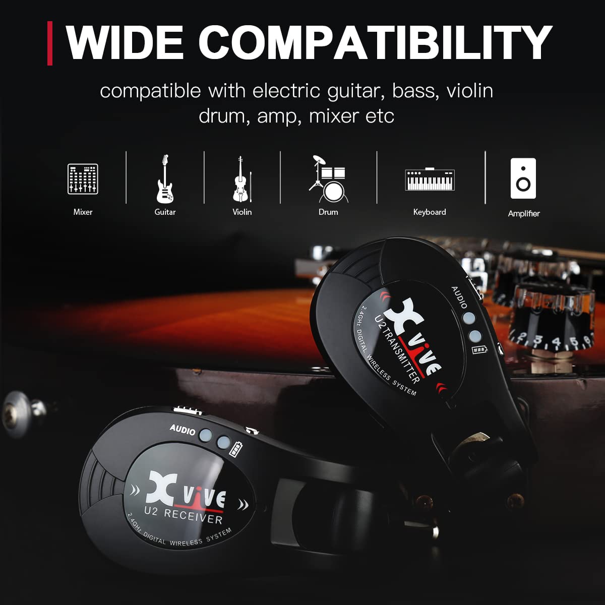 Xvive U2 Wireless Guitar System - Transmitter & Receiver for Electric Guitar, Bass, Violin - Professional Digital Wireless Audio Solution for Stage & Studio (Red)