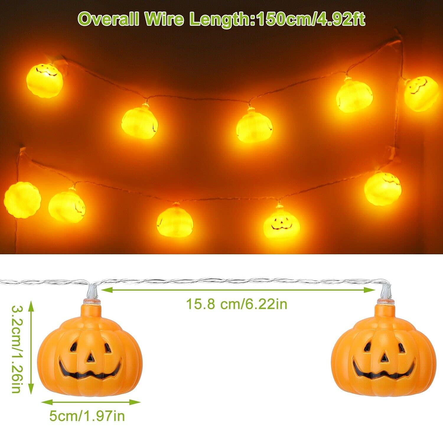 10 LED Pumpkin String Lights - Halloween Party Decorations, Christmas Lantern Lamp, 1.5m Warm White LED Lights for Home, Garden & Festival Decor (Perfect for Halloween, Christmas & Outdoor Parties)