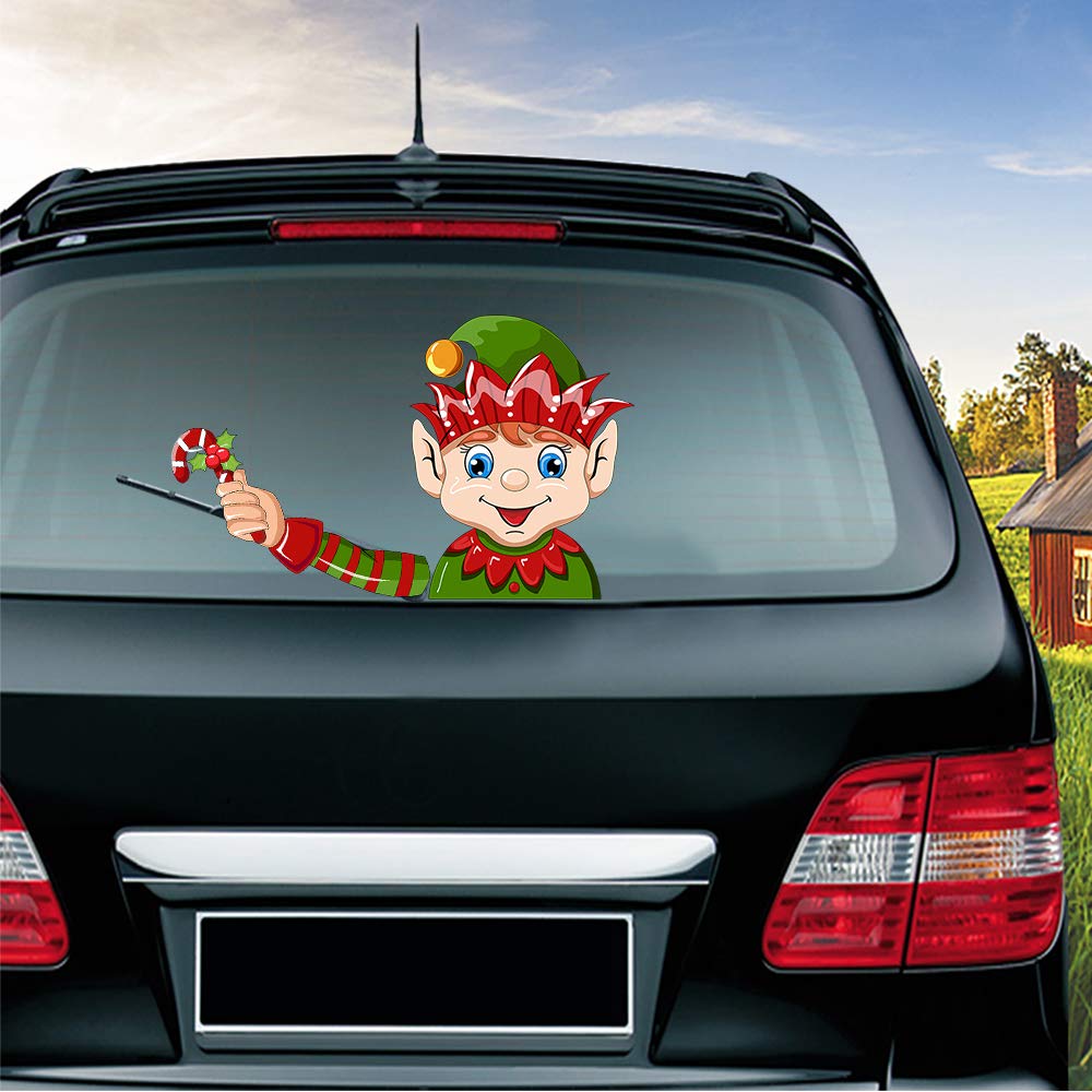 Funny Christmas Elf Waving Arm Car Wiper Decal - Waterproof Rear Windshield Wiper Blade Sticker for Cars (Short Hat Elf) | Holiday Car Decoration & Seasonal Auto Accessories