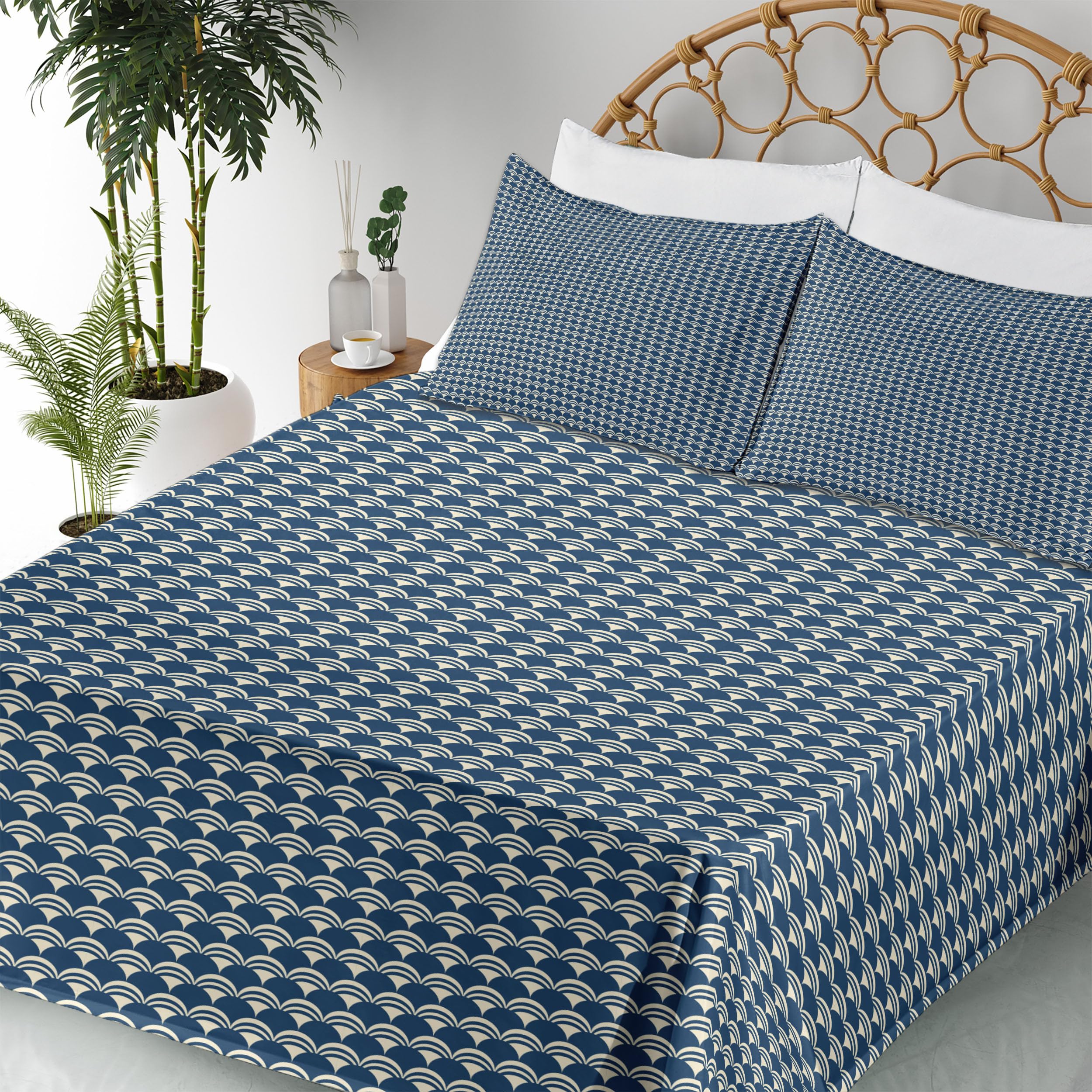 Ambesonne Abstract Japanese Folk Inspired Sheet Set - King Size 4 Piece Bedding Set with Fitted Sheet, Flat Sheet & Pillowcases - Night Blue Eggshell with Dichromatic Semicircle Design - Perfect for Modern Bedrooms, Guest Rooms & Dorm Decor