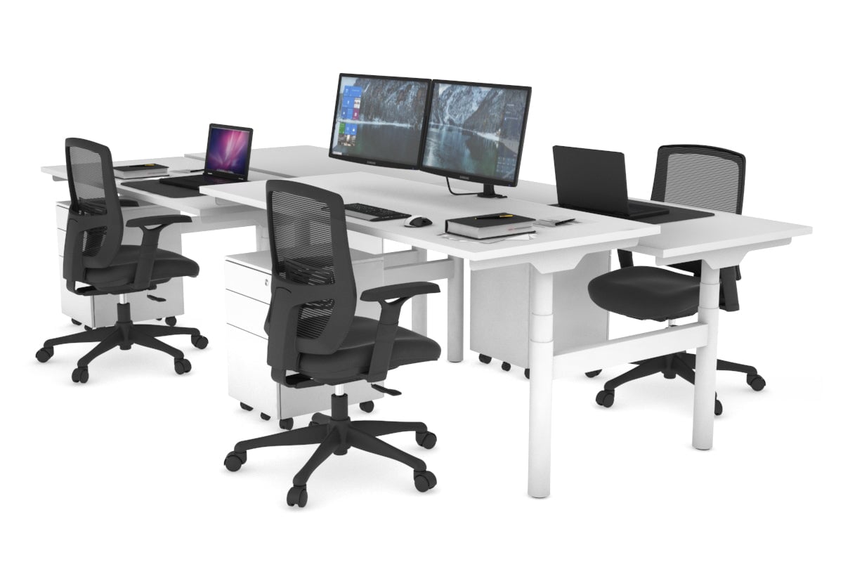 Flexi Premium Height Adjustable 4-Person H Bench Workstation - White Frame [1200L x 700W] - Ideal for Office, Coworking Spaces & Home Offices
