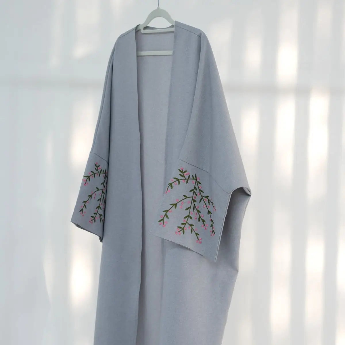 Linen Cotton Embroidery Cardigan Open Abaya Dress - Elegant Muslim Women's Cover Up for Prayer, Home & Casual Wear