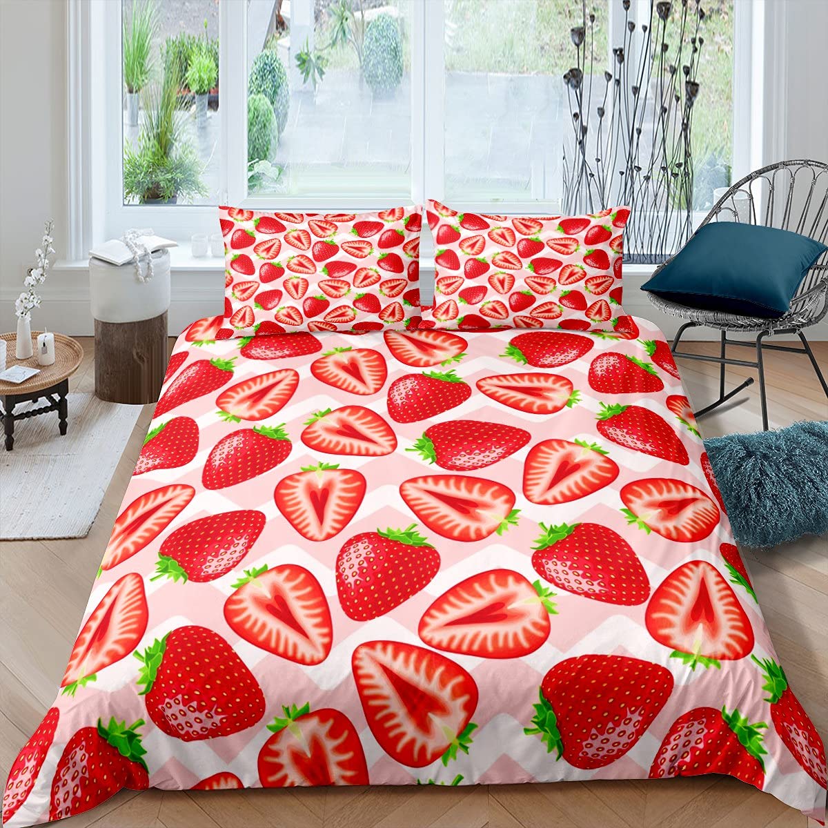 Manfei Cute Strawberry Duvet Cover Set - Japanese Style Kawaii Fruits Print Bedding for Girls (Full Size, 3pc with 2 Pillowcases, No Comforter) - Perfect for Kids' Bedroom Decor & Sweet Dreams