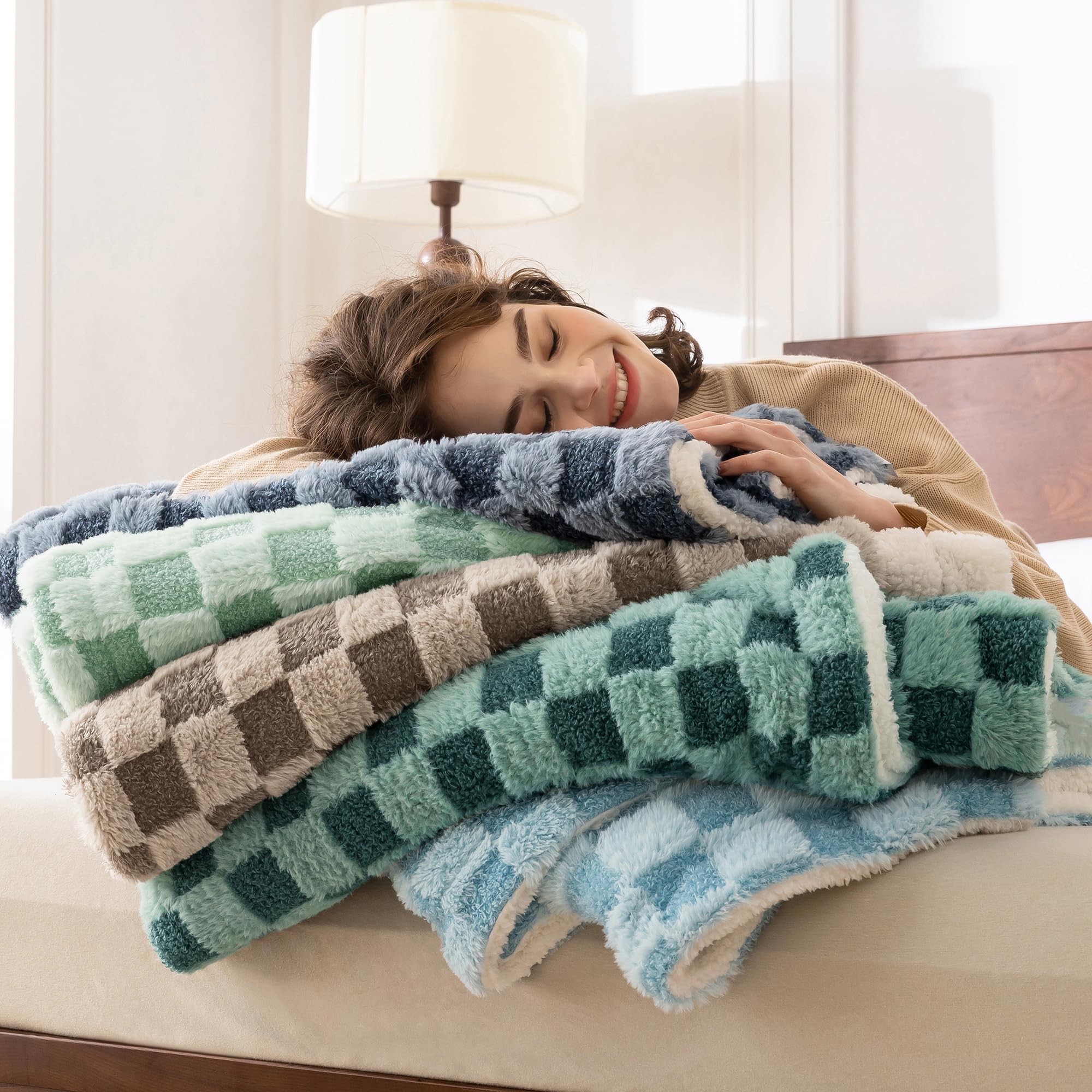 Checkered Faux Fur Throw Blanket - Ultra Soft & Warm Fleece Blanket for Couch, Bed, Chair - Perfect for Camping, Travel, Picnics & Home Decor - Baby Blue 50x60 Inches