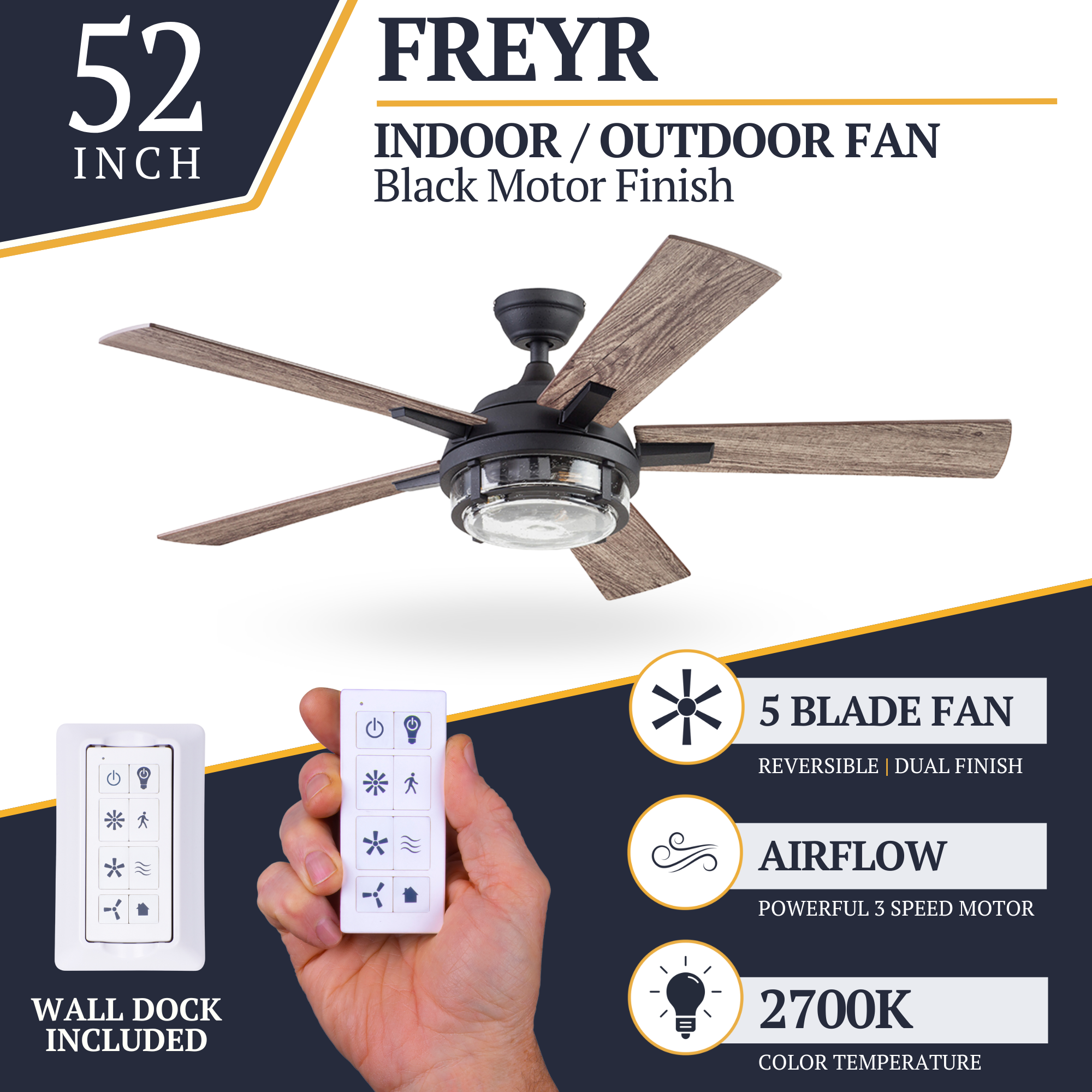 52 Inch Freyr Textured Black Ceiling Fan with Remote Control - Indoor/Outdoor Use for Living Room, Bedroom, Patio & Covered Porch