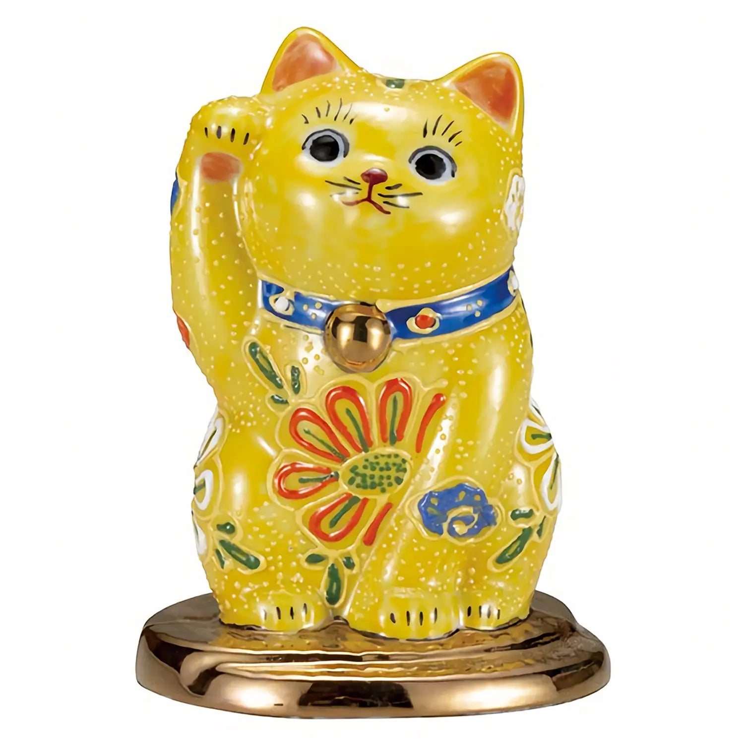 Authentic Japanese Kutani Ware Porcelain Koban Maneki Neko Figurine - Yellow Lucky Cat Statue 3.2