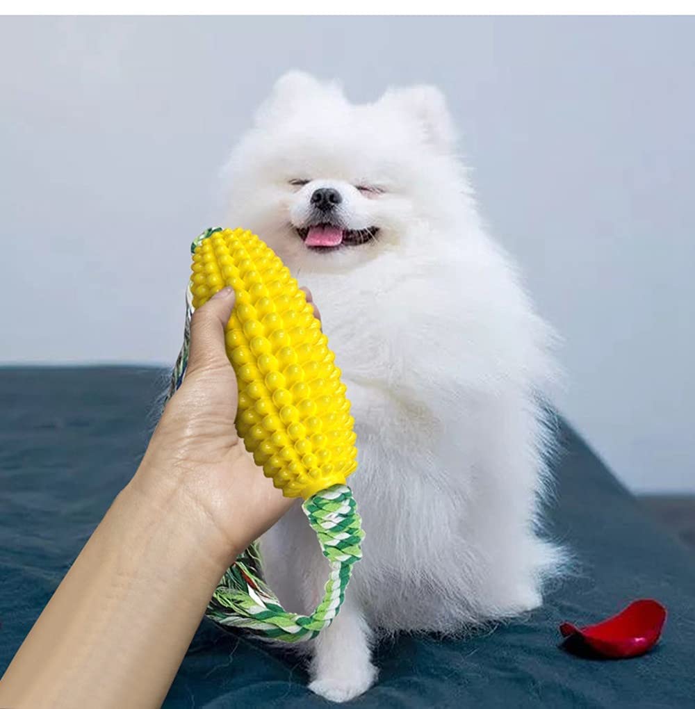 Durable Dog Chew Toys for Aggressive Chewers - Corn Shaped Interactive Puzzle Toy with Rope & Toothbrush for Teeth Cleaning - Treat Dispenser for Large, Medium & Small Dogs - Perfect for Playtime, Training & Dental Care (Yellow)