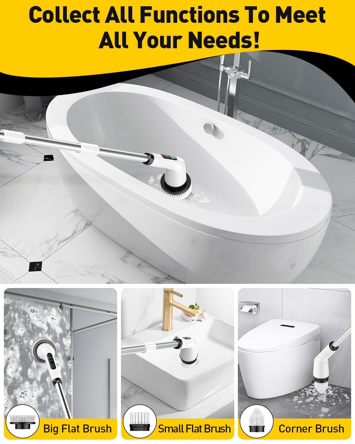 Electric Spin Scrubber Cordless - IPX7 Waterproof Bathroom Cleaner with 3 Brush Heads & 2 Speed Modes | Powerful Shower, Tub, Tile, Toilet, and Kitchen Cleaning Tool for Effortless Deep Cleaning