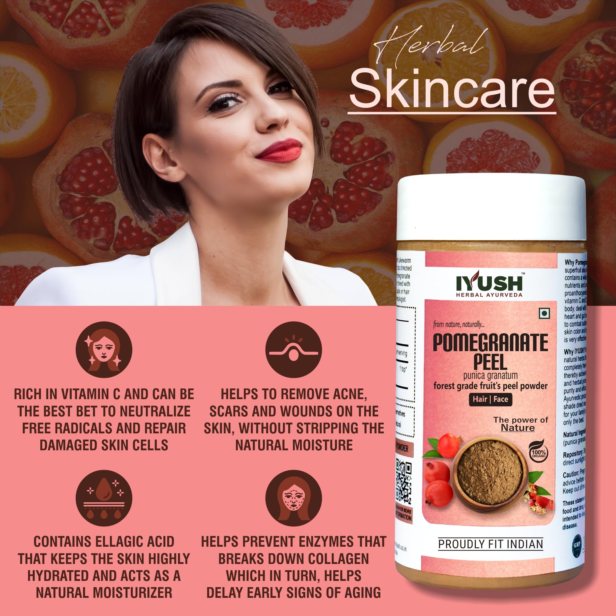 IYUSH Herbal Ayurveda Pomegranate Peel Powder – 250gm | Natural Pomegranate Powder for Skin Whitening, Detan & Hair Care | Anar Powder for Face Pack, Drinks & DIY Beauty Recipes | Organic Skin Brightening Treatment for Glowing Complexion