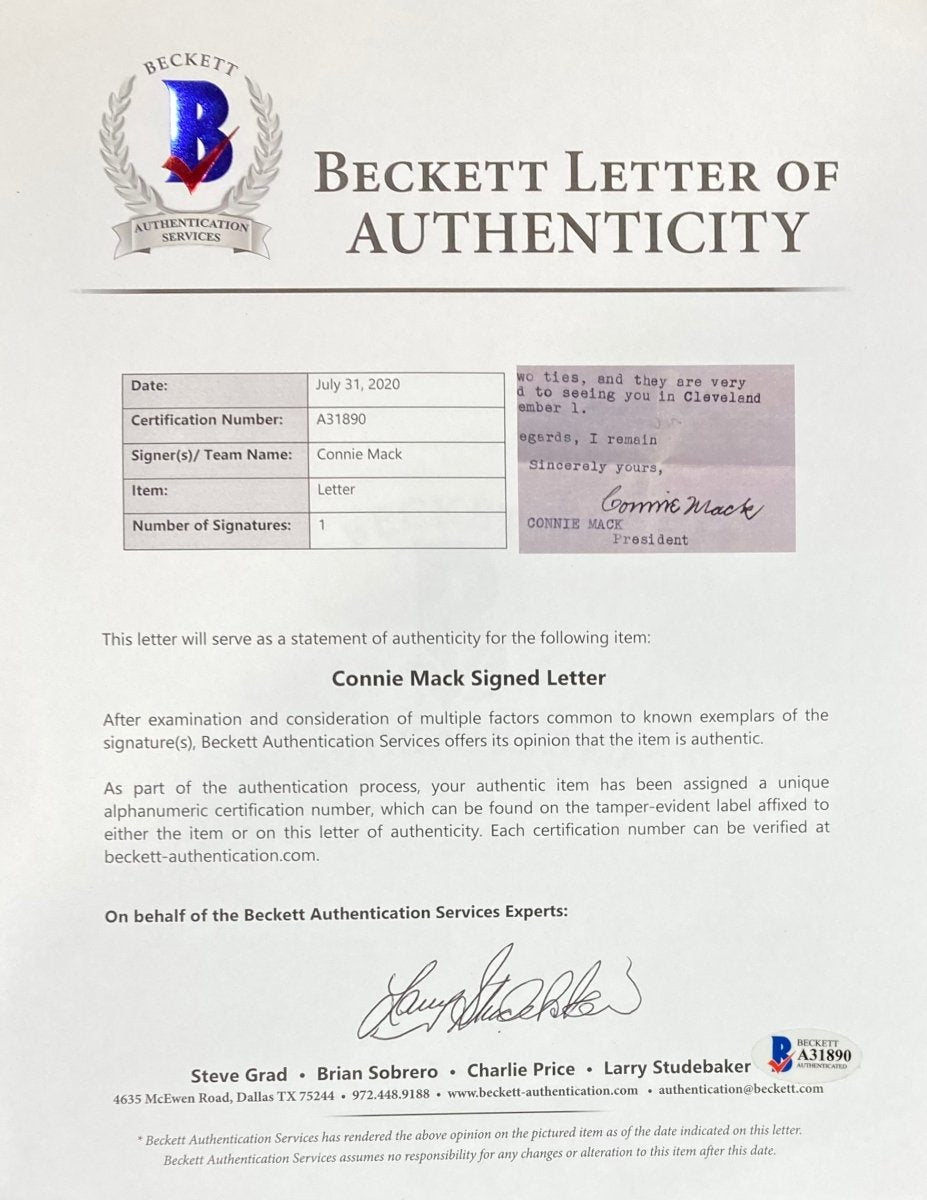 Authentic Connie Mack Philadelphia Athletics Signed Handwritten Letter BAS A31890 with COA - Perfect for Baseball Memorabilia Collectors & Sports Fans Display