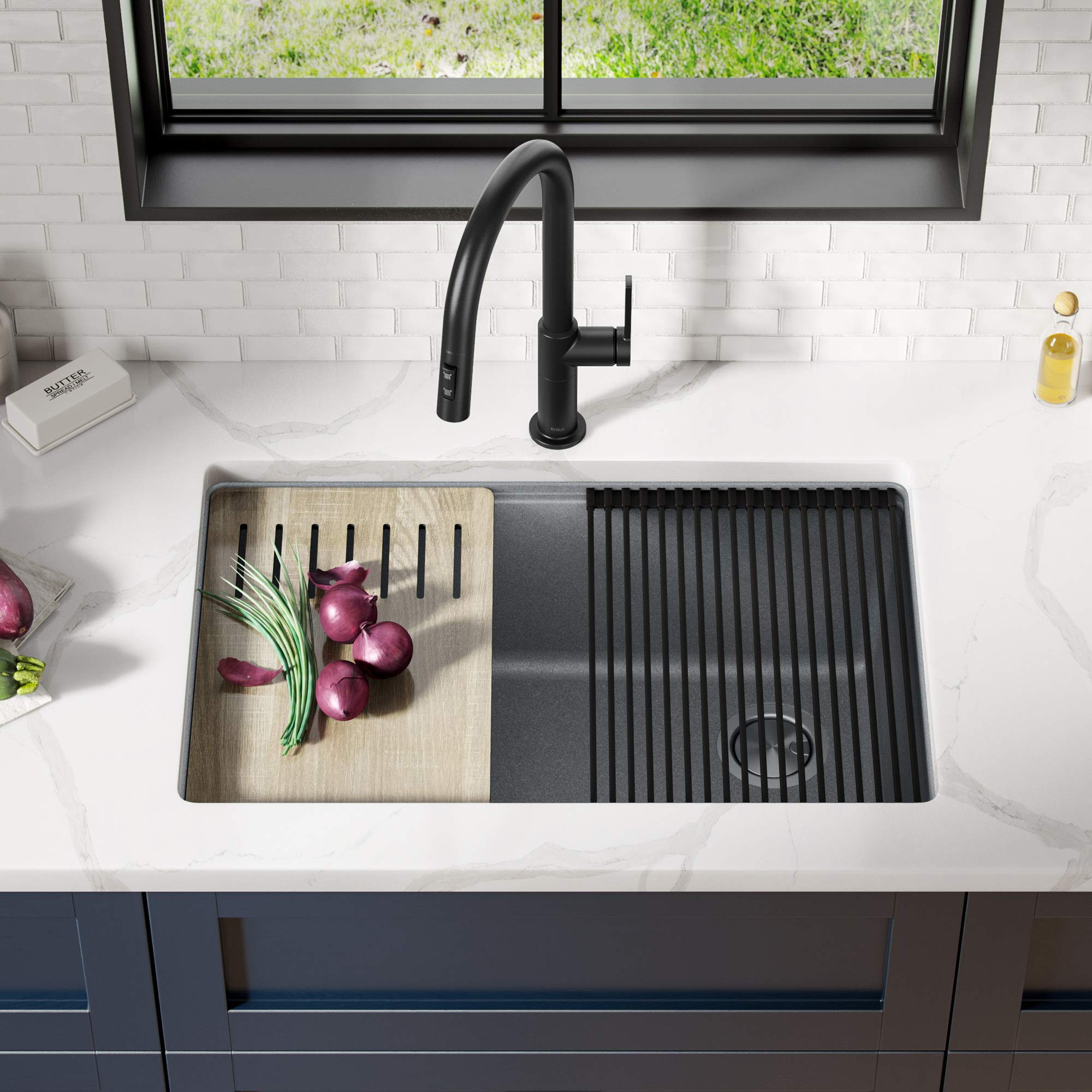 KRAUS Bellucci 30-Inch Undermount Workstation Granite Composite Kitchen Sink in Metallic Gray with Accessories (Model KGUW2-30MGR) - Perfect for Modern Kitchens, Food Prep, and Dishwashing