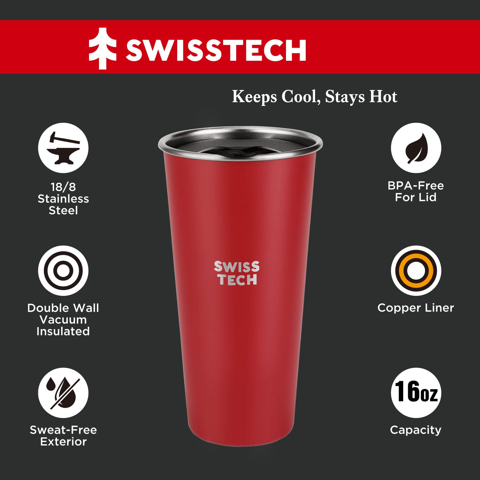 Swiss+Tech 16oz Stainless Steel Insulated Tumbler Cups - 2 Pack Double Wall Vacuum Insulated Pint Glasses with Lids, Durable & Leak Proof (Red & White) - Perfect for Coffee, Tea, Beer, Camping & Outdoor Adventures