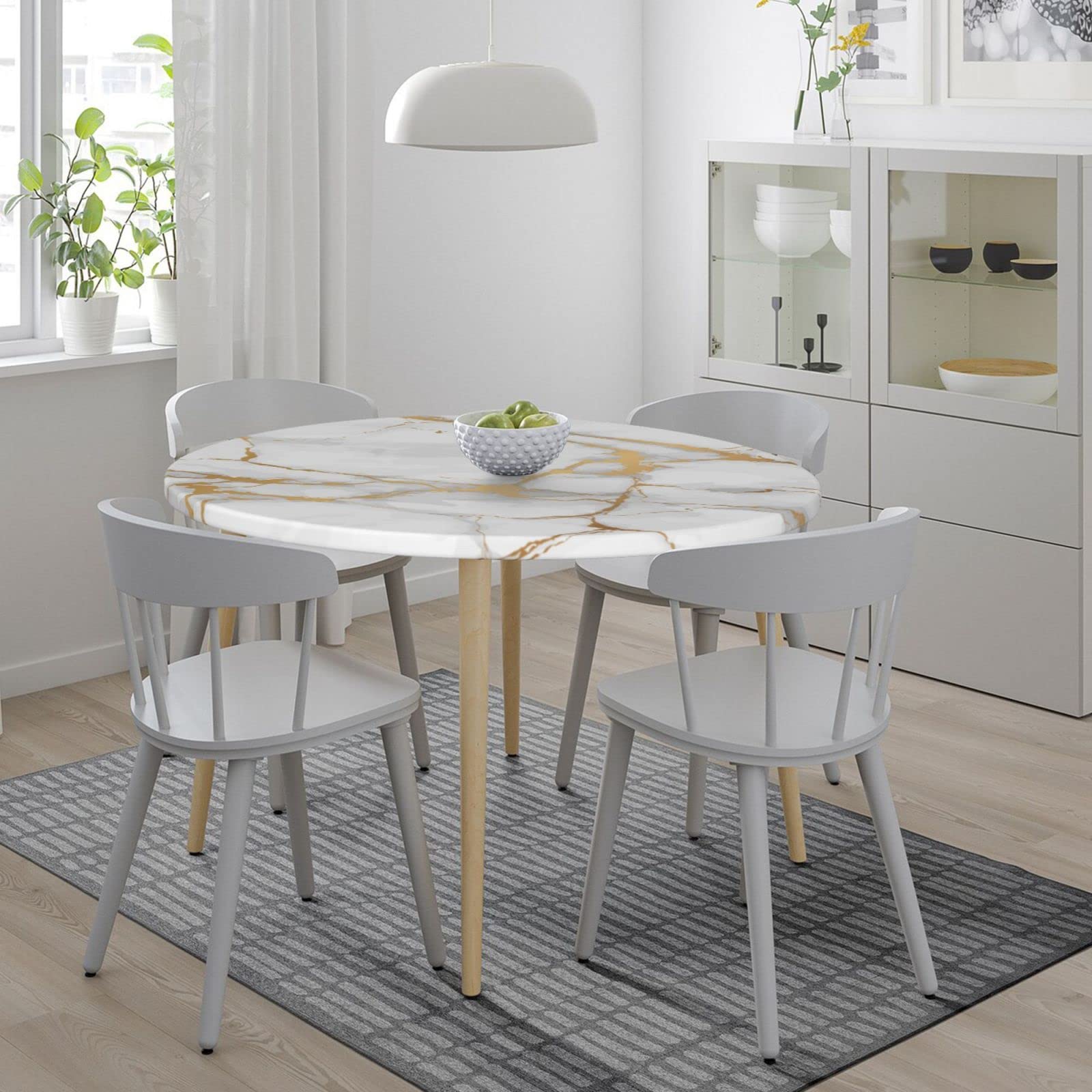 Waterproof Elastic Round Tablecloth - White Marble Print Fitted Table Cover for 40'' to 44'' Tables, Indoor & Outdoor Dining, Party, Wedding, Picnic Use