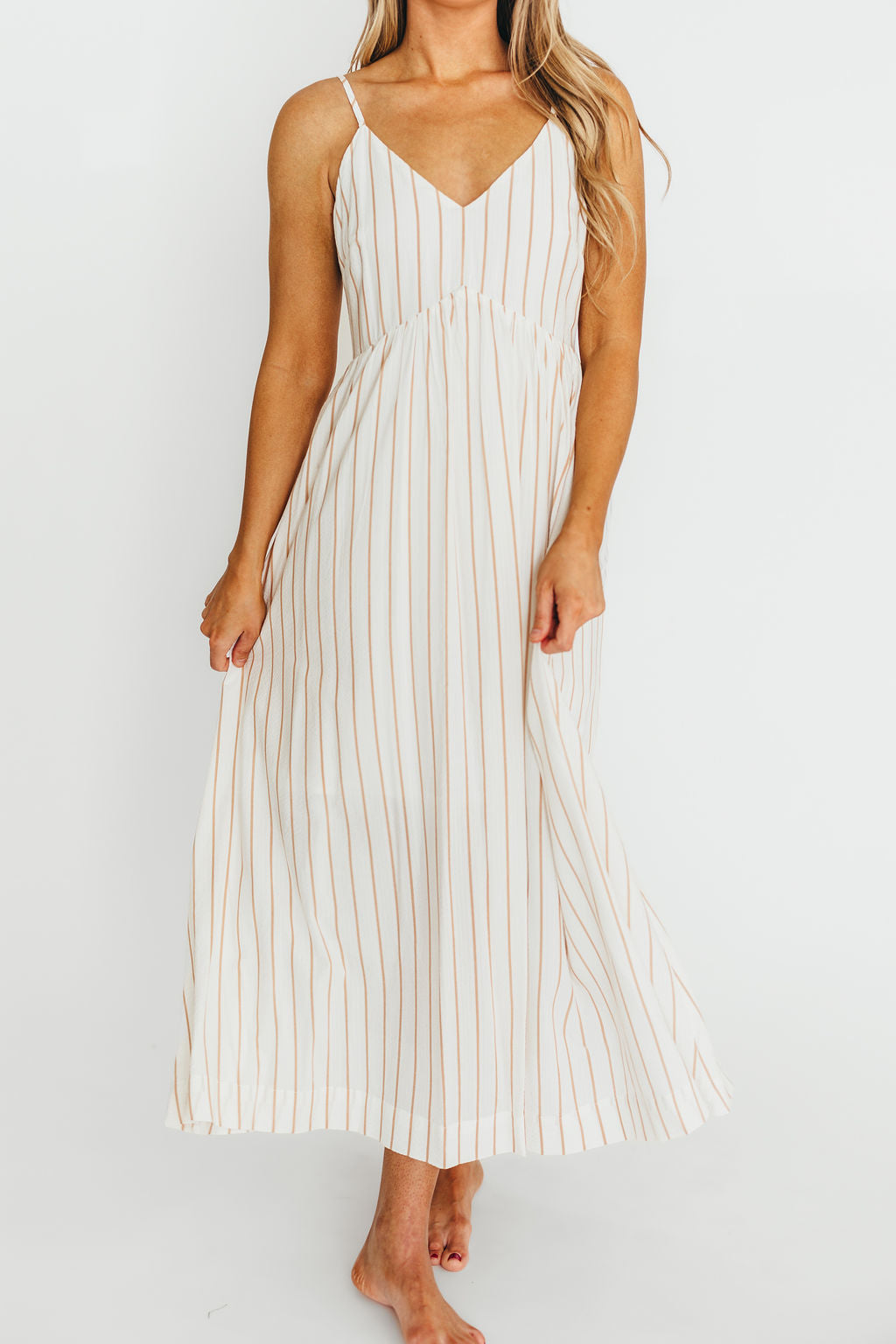 Genesis Stripe Midi Dress - Women's Flowy White & Taupe A-Line Summer Dress for Casual Outings, Beach Vacations & Date Nights