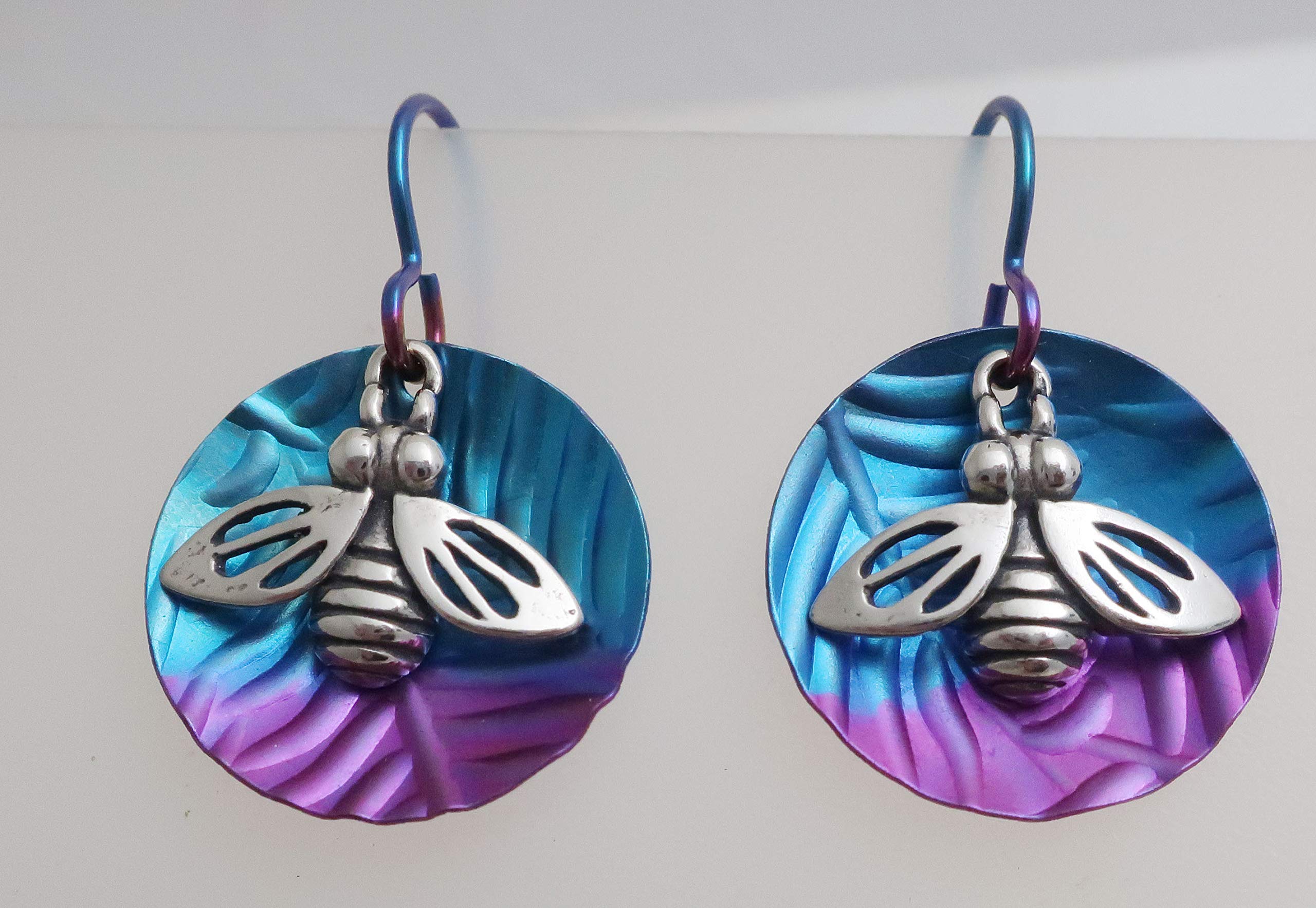 Hypoallergenic Niobium Sterling Silver Honey Bee Dangle Earrings in Aqua Purple - Lightweight Jewelry for Sensitive Ears | Perfect for Everyday Wear, Gift Giving & Boho Fashion