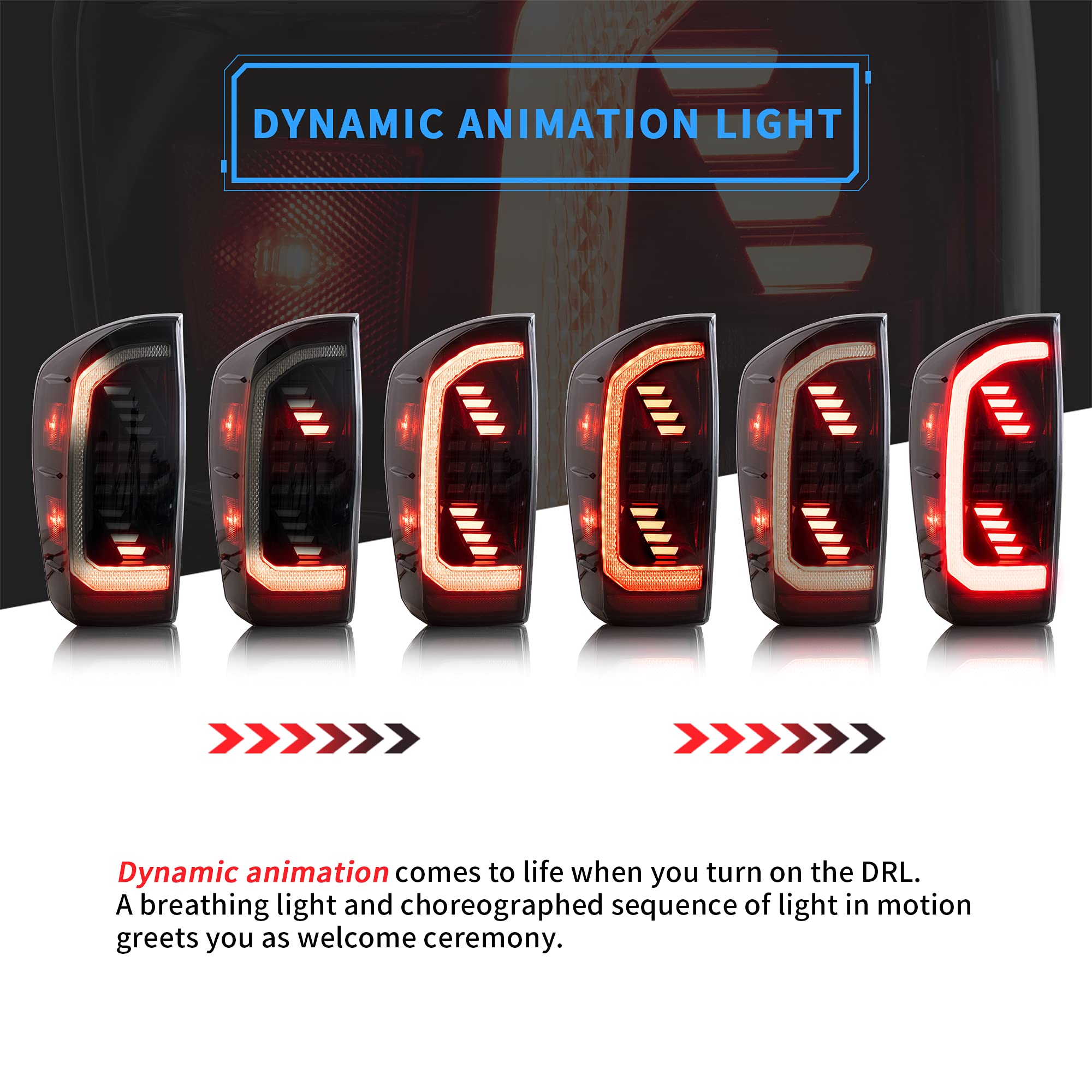 VLAND LED Tail Lights for Toyota Tacoma 2016-2020 - Dynamic Animation DRL with Red Sequential Turn Signals (Smoked/Tinted) - Driver & Passenger Side - Upgrade Your Truck's Style & Safety for Night Driving & Off-Road Adventures