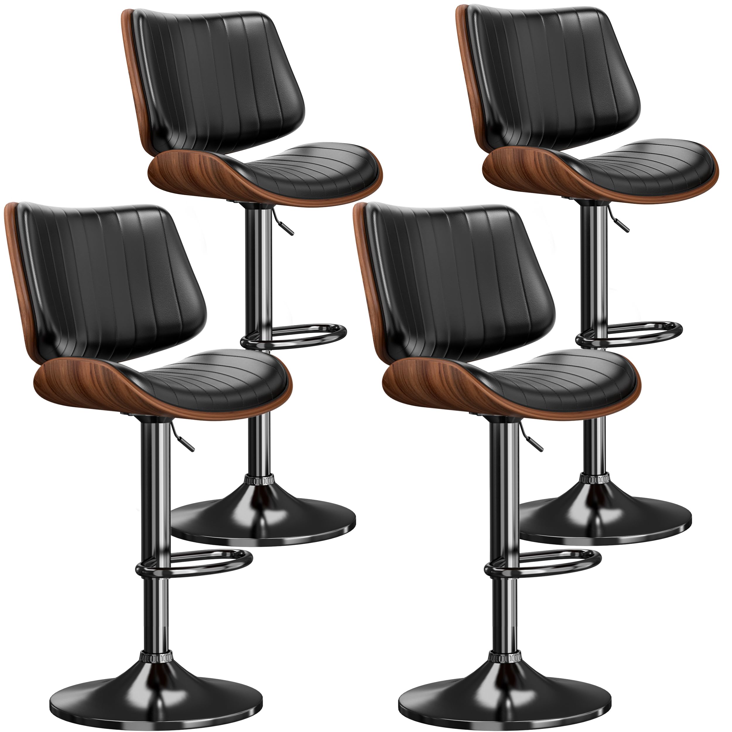 **4-Pack Adjustable Swivel Bar Stools with PU Leather Upholstery & Footrest - Modern Bentwood Bar Chairs for Kitchen Island, Counter, Dining Room & Home Bar - Black (Perfect for Entertaining & Casual Dining)**