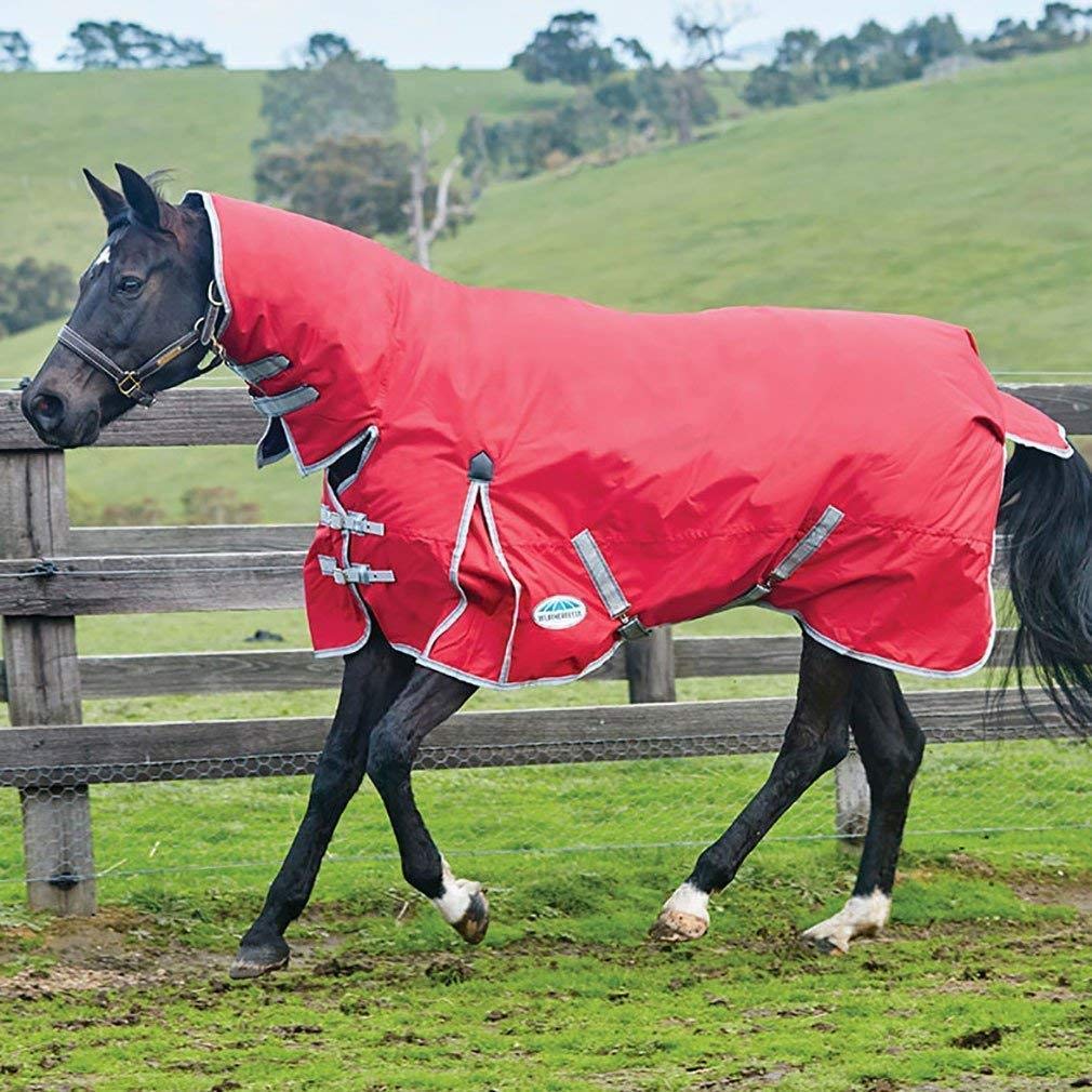 WeatherBeeta ComFiTec Classic Combo Neck Lite Horse Blanket - Red/Silver/Navy, 48 Inch - Waterproof Turnout Rug for Winter Riding & Stable Use