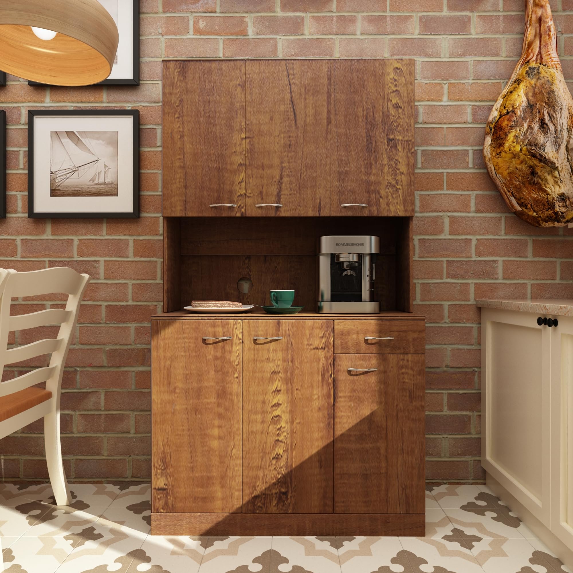 WERSMT Freestanding Kitchen Pantry Cabinet with Storage - Microwave Hutch, Buffet Cabinet, Tall Storage Unit with Door & Drawer in Walnut Finish | Perfect for Small Kitchens, Dining Rooms & Home Organization