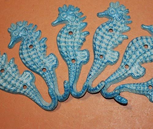 Coastal Blue Seahorse Coat Hooks - Set of 6 Cast Iron Wall Hooks for Beach House Decor, Bathroom, Entryway & Kids Room Organization