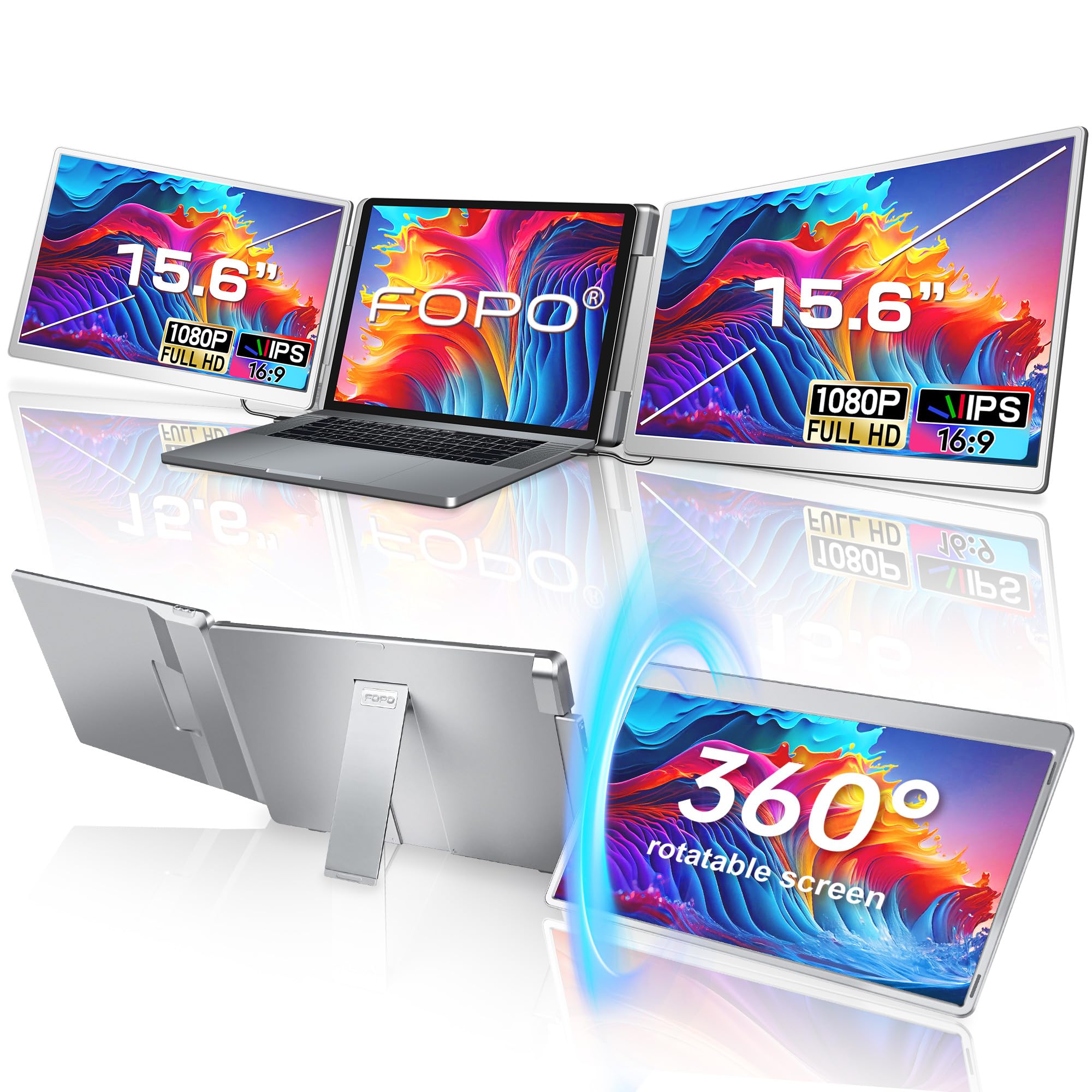 FOPO 15.6 Inch Triple Laptop Screen Extender - 360° Rotatable Left Monitor | Plug & Play USB-C/HDMI Triple Display for 13-17