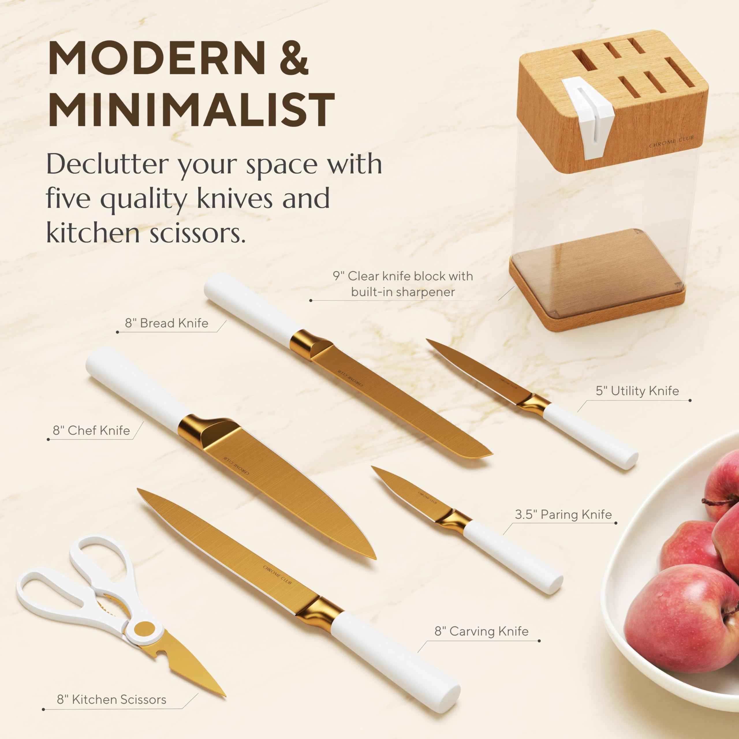 White and Gold 7-Piece Kitchen Knife Set with Sharpener, Scissors & Wooden Block - Premium Gold-Tone Knives for Effortless Cooking, Slicing & Meal Prep