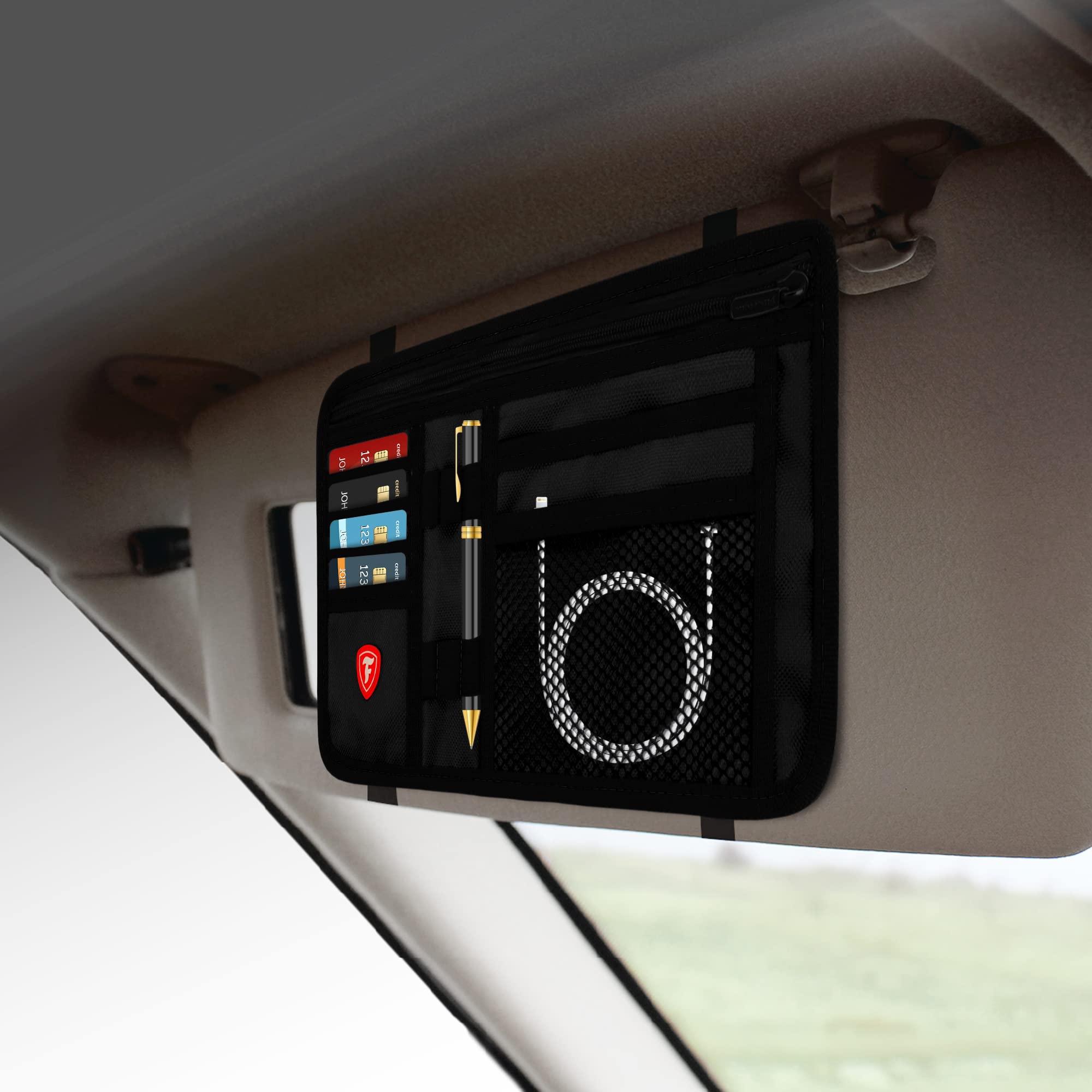 Firestone Car Sun Visor Organizer - 8 Compartment Vehicle Organizer with Slots for Sunglasses, License & Registration | Black | Perfect for Road Trips & Daily Commuting