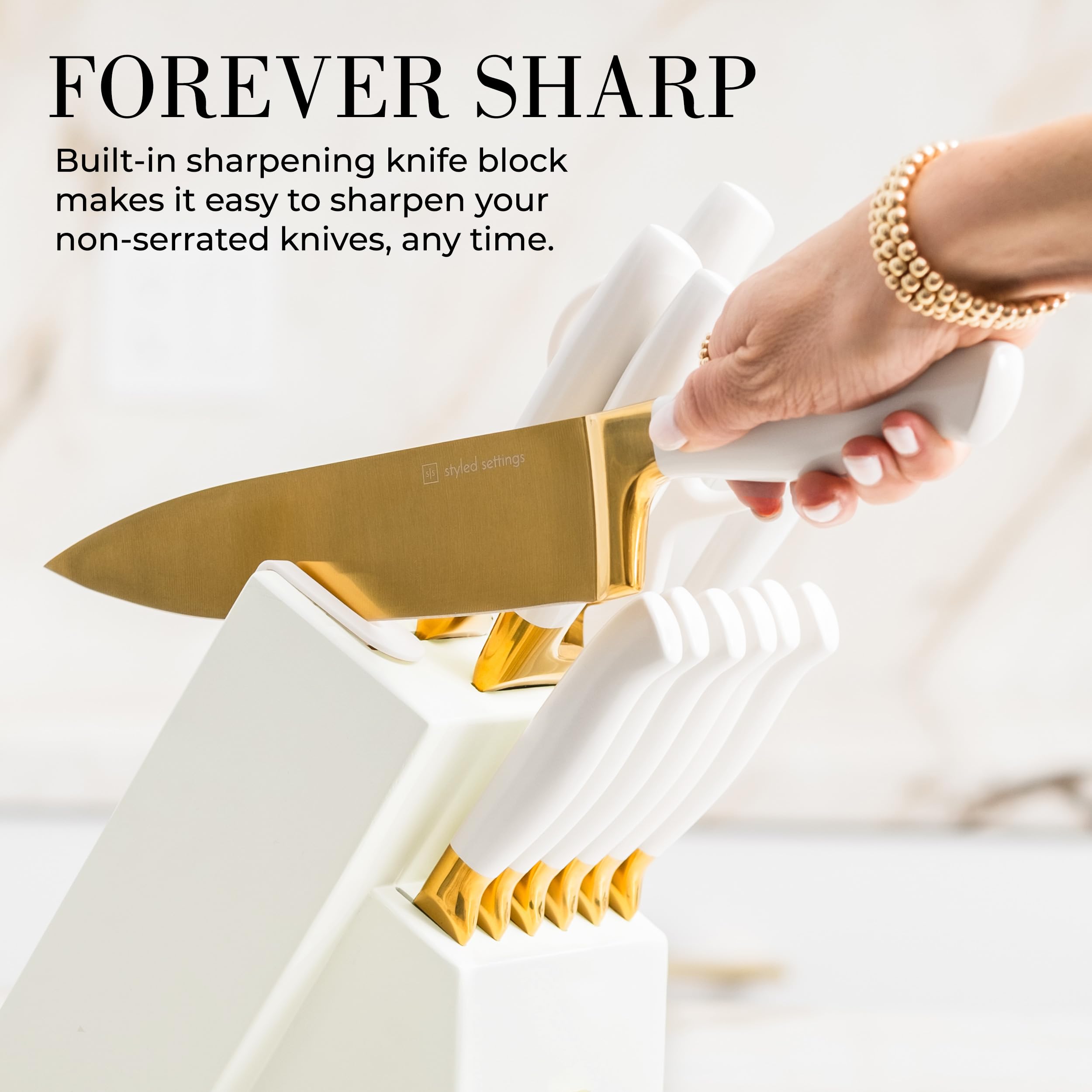 Premium 14-Piece Titanium Coated Gold Kitchen Knife Set with Self-Sharpening Block - Luxury Stainless Steel Knives with White Storage Block - Perfect for Home Chefs, Wedding Gifts & Kitchen Decor
