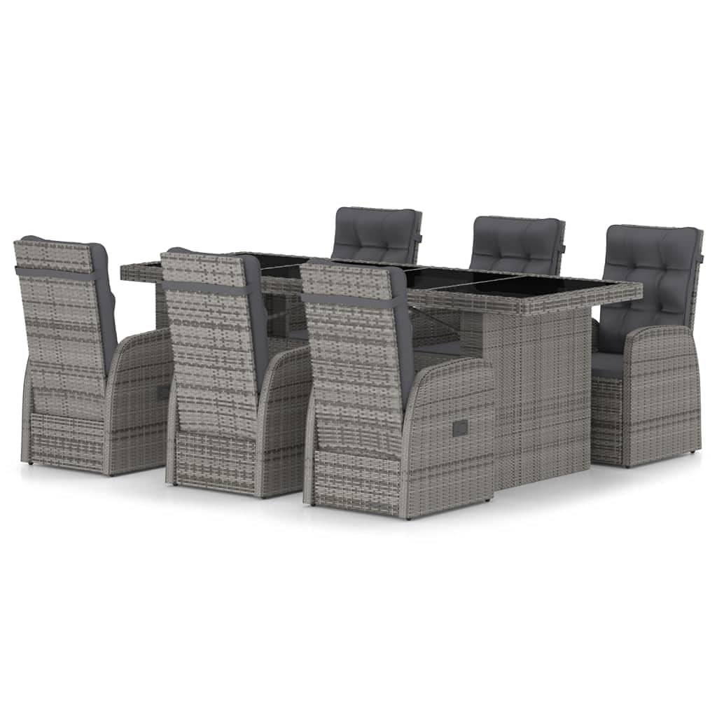 7-Piece Gray Poly Rattan Outdoor Dining Set with Cushions - Patio Garden Furniture Set with Table & Armrest Chairs for Backyard, Poolside, and Terrace Relaxation