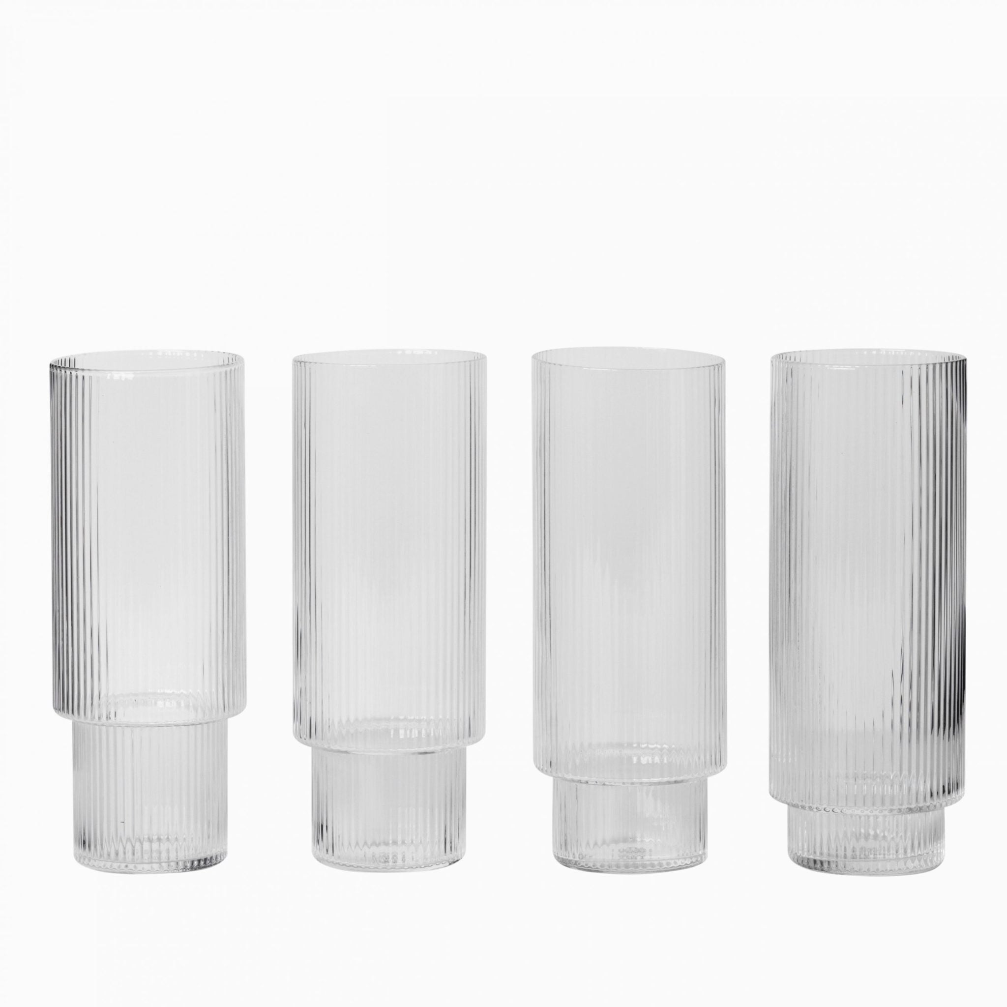 FERM LIVING Ripple Long Drink Glasses Set of 4 - Clear Glass Highball Tumblers for Cocktails, Iced Tea & Summer Beverages - Perfect for Home Bar, Parties & Outdoor Entertaining