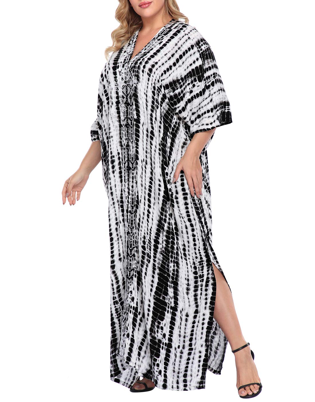 HDE Women's UPF 30+ Oversized Kaftan Dress - V Neck Long Maxi Swim Cover Up for Plus Size, Beach Vacation & Poolside Relaxation