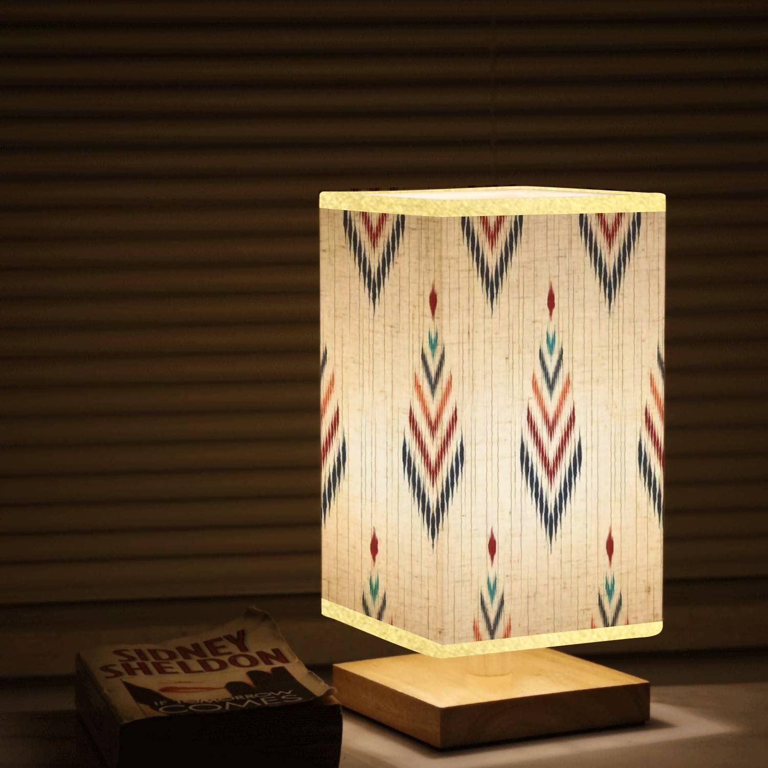 Ethnic Abstract Ikat Table Lamp with Wooden Base & Flaxen Fabric Shade - Dimmable Bedside Nightstand Lamp for Bedroom, Living Room | Tribal Folk Embroidery Design | Perfect for Reading, Relaxing & Home Decor