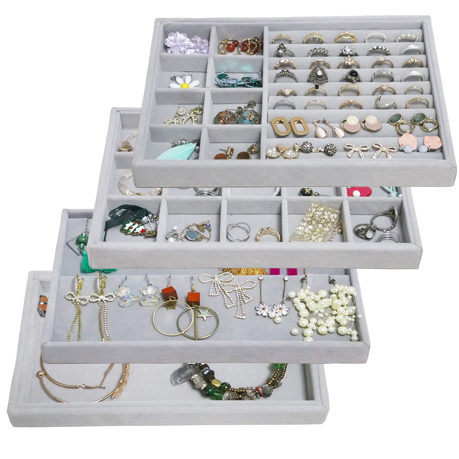 Stackable Velvet Jewelry Organizer Trays - 4-Piece Set for Earrings, Rings, Necklaces, Bracelets & Watches | Gray Jewelry Drawer Inserts & Display Case | Perfect for Bedroom Vanity, Travel & Gift Giving