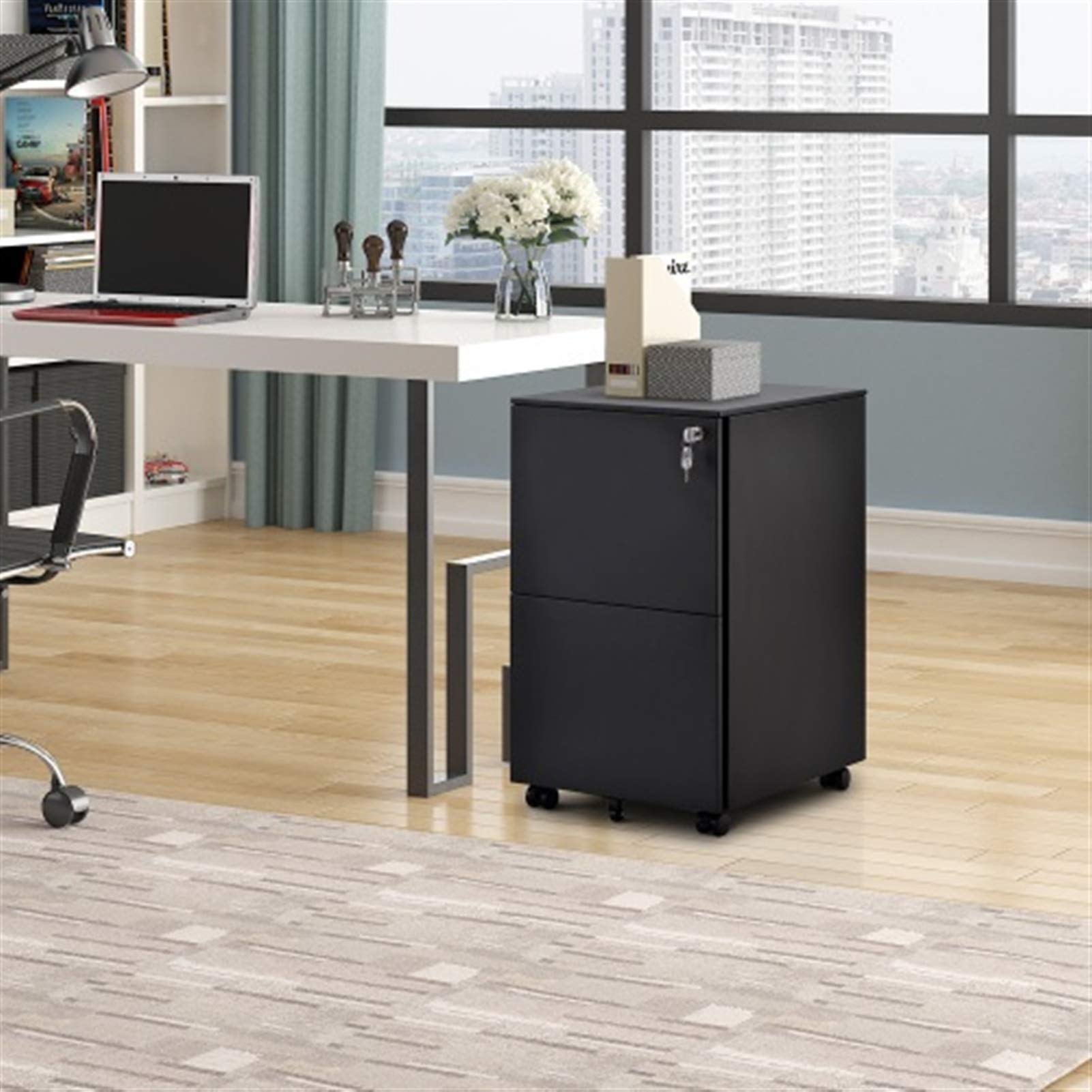 XLO 2-Drawer Wooden File Cabinet with Lock - Vertical Mobile Storage for Legal, Letter & A4 Files - Under Desk Office Organizer for Documents & Supplies (Home, Office, Study Room)