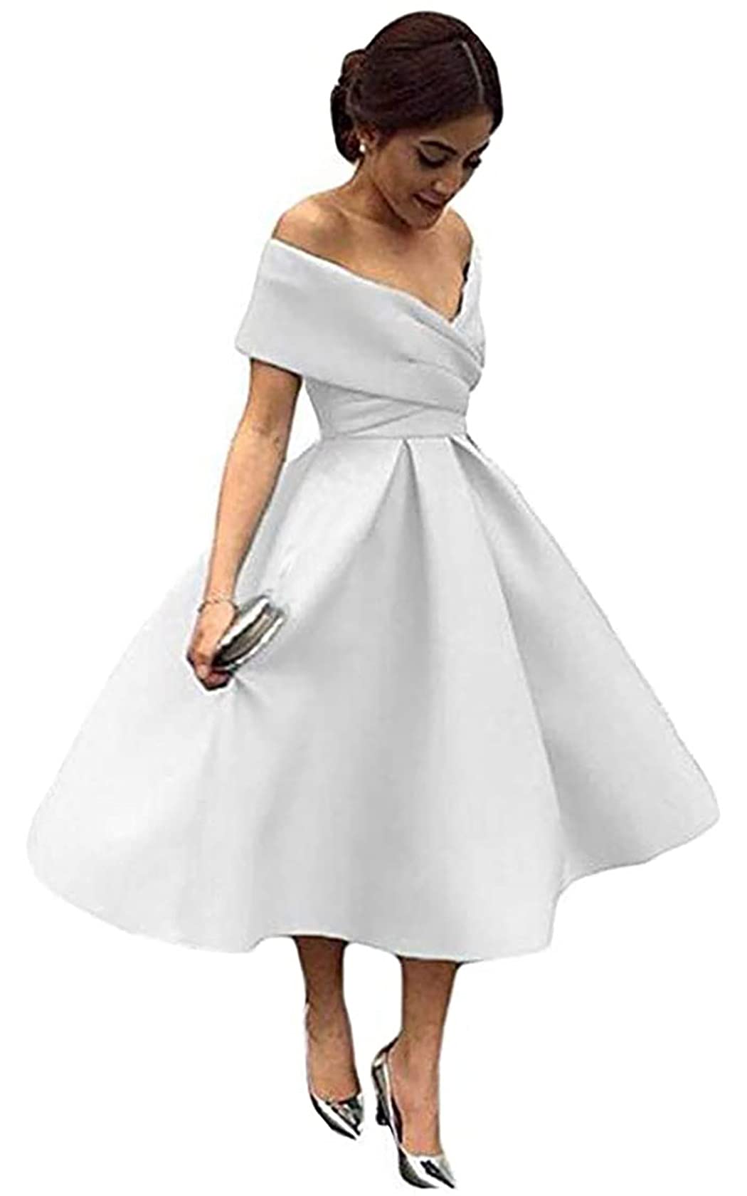 ANGELWARDROBE Women's Off Shoulder V-Neck Satin Bridesmaid Dress with Pockets - Wedding, Prom, Cocktail Party & Formal Occasions