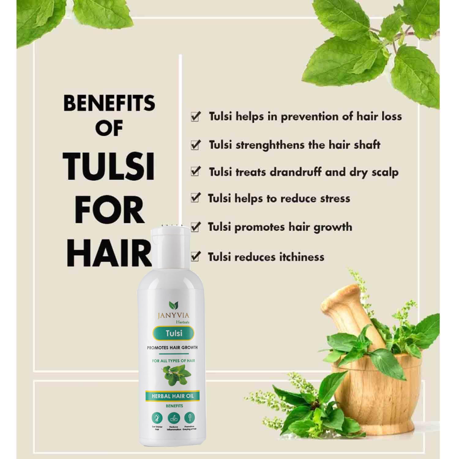 Janyvia Organic Tulsi Hair Oil - 100ml Ayurvedic Basil Oil for Hair Growth, Scalp Nourishment & Shine | Natural Hair Treatment for Dry, Damaged Hair | Daily Hair Care & Massage Essential