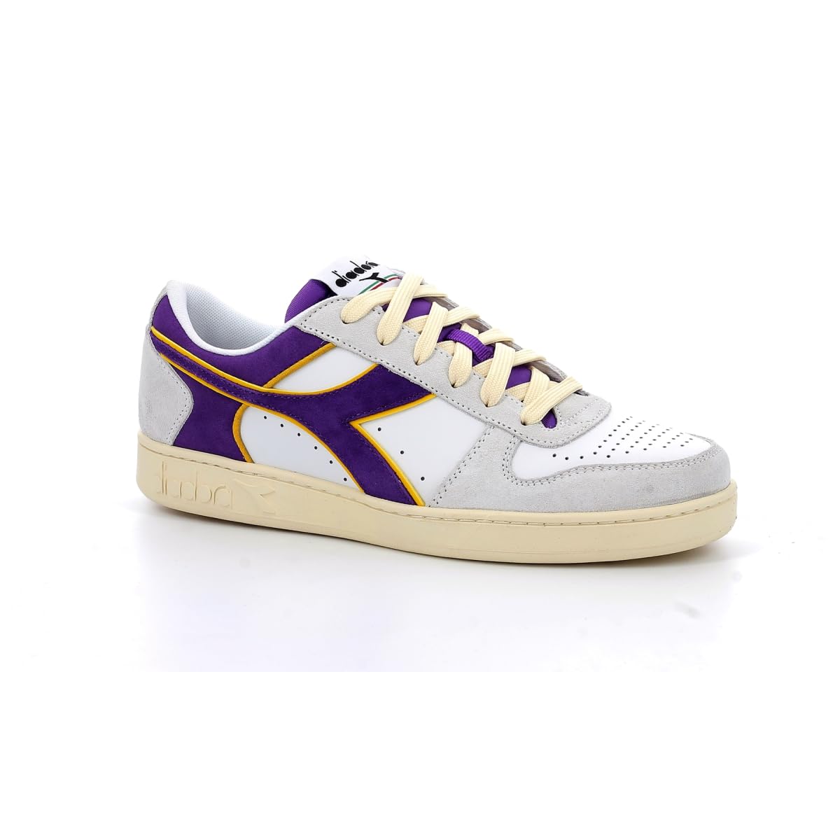 Diadora Unisex Magic Basket Low Suede Leather Sneakers - White/Deep Lavender Purple, Size 4 UK - Comfortable Gym & Casual Shoes for Workouts and Everyday Wear