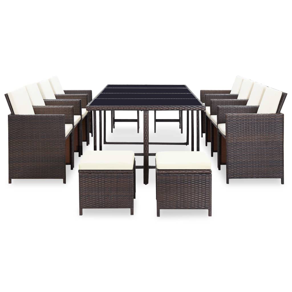 13-Piece vidaXL Patio Furniture Set - Brown Poly Rattan Outdoor Dining Table & Chairs with Cushions & Stool for Garden, Balcony, Porch | Perfect for Backyard BBQs, Poolside Relaxation & Al Fresco Dining