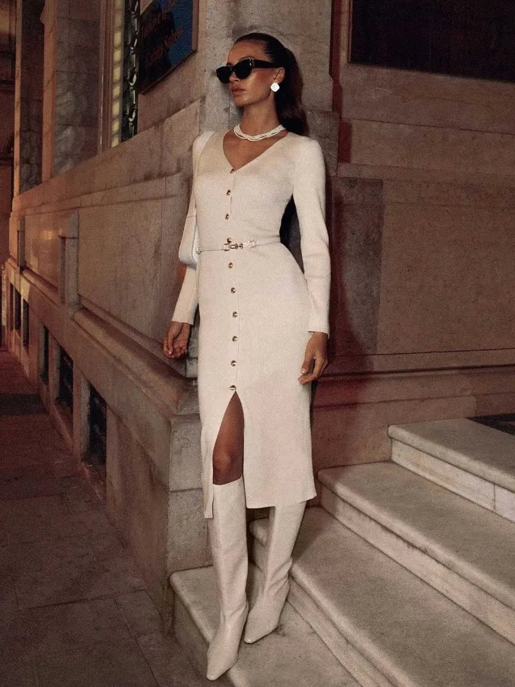 Elegant Long Sleeve Sweater Dress for Women - Single Breasted Knit Maxi Dress for Autumn Winter - Slit Evening Party Dress 2024 | Perfect for Holiday Gatherings, Office Wear & Date Nights