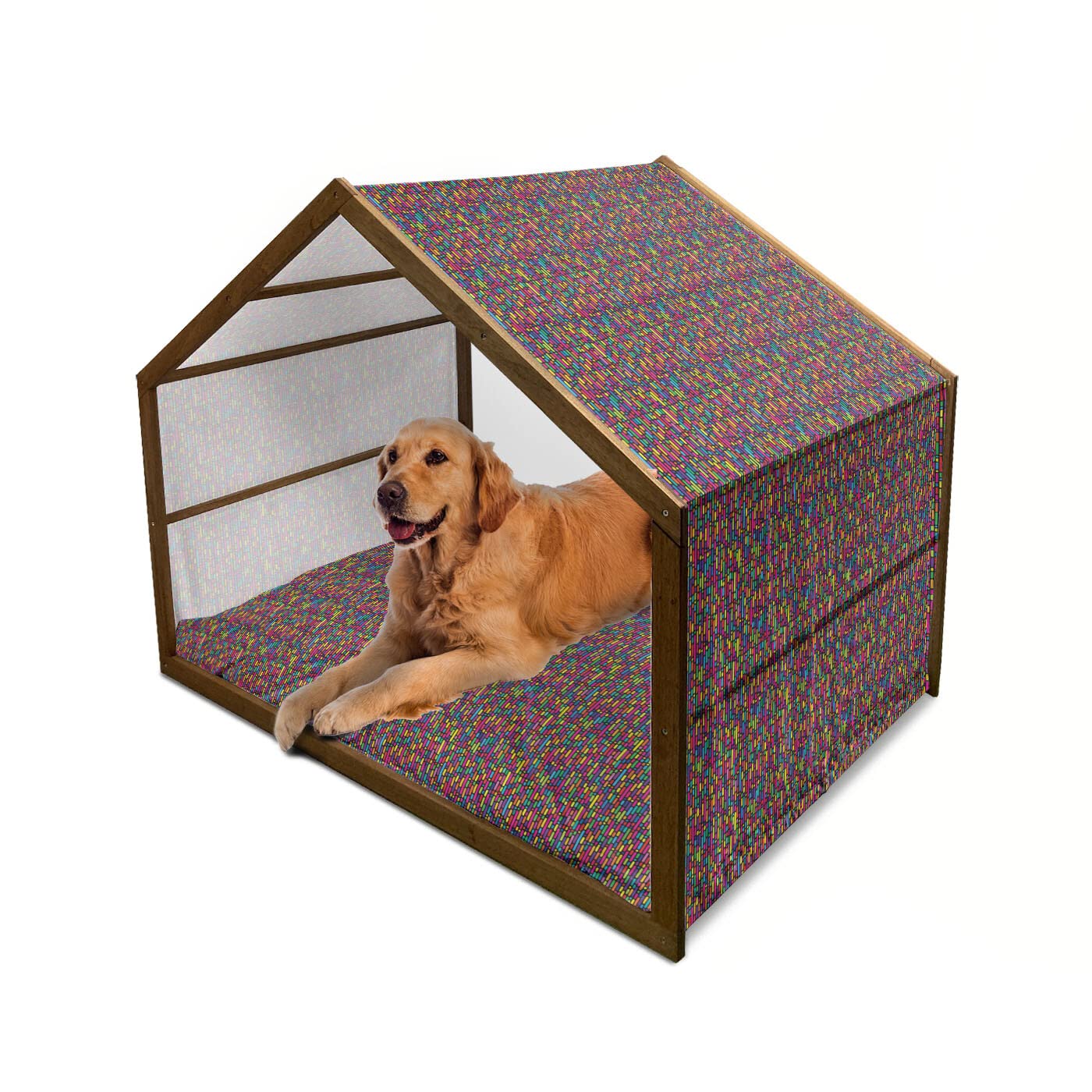 Ambesonne Colorful Wooden Dog House - Abstract Geometric Design with Vibrant Vertical Lines & Dots - Indoor/Outdoor Portable Pet Kennel with Pillow & Cover - 2X-Large Size - Perfect for Backyards, Patios & Home Decor - Multicolor