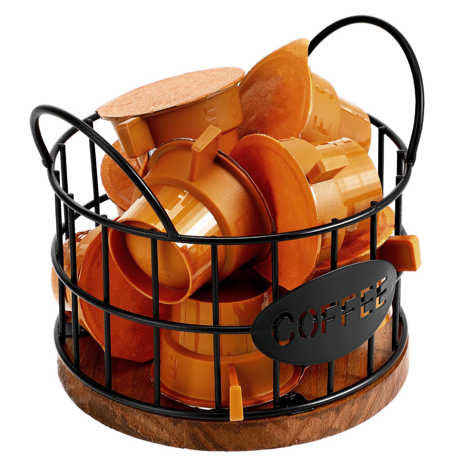 Sturdy Wire Coffee Pod Holder with Wooden Base & Handles - Countertop Storage Organizer for Keurig K-Cups & Nespresso Capsules - Perfect for Home, Hotel, Coffee Bar & Office Use