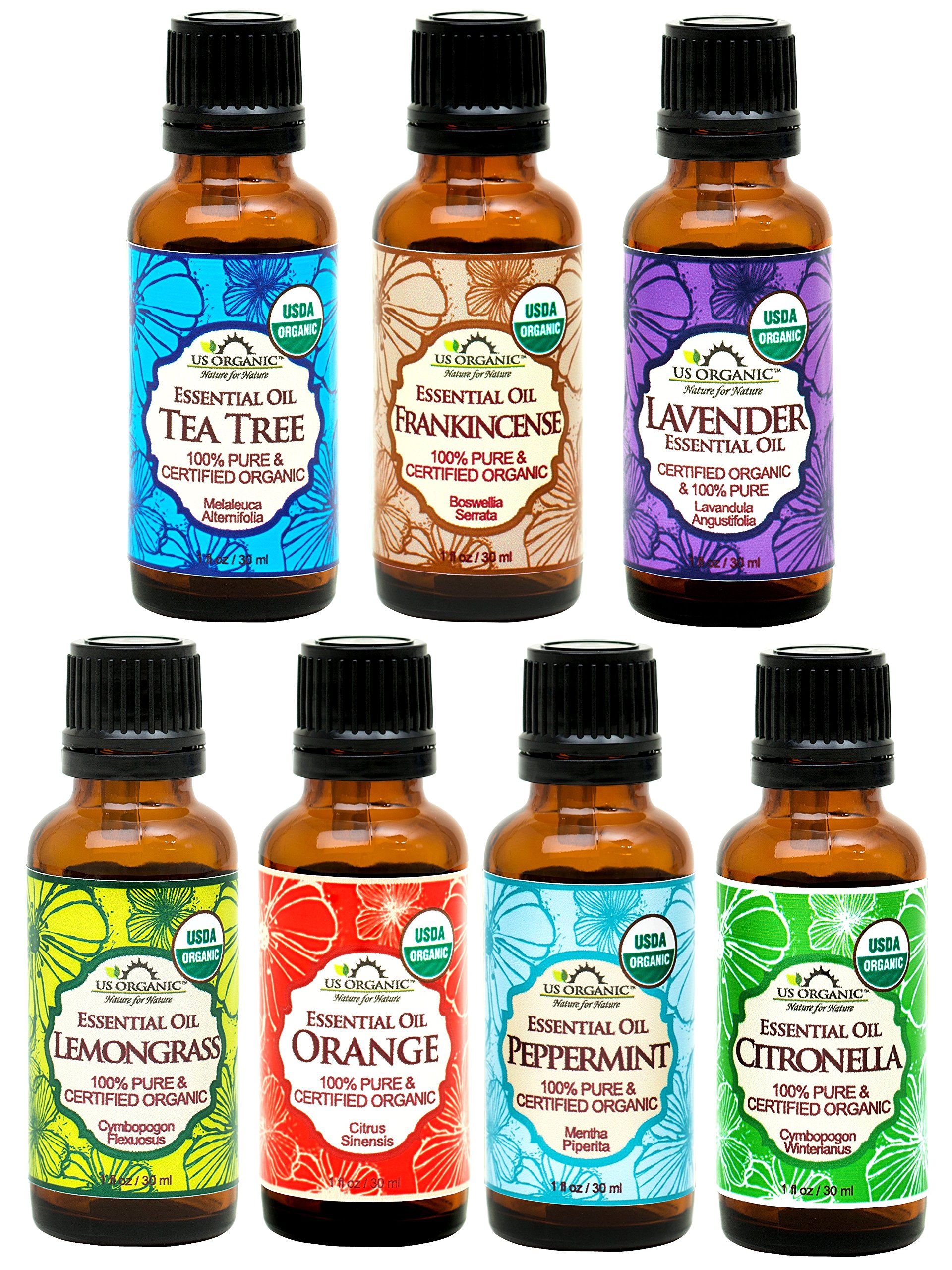 USDA Certified Organic 7 Essential Oil Set - Citronella, Frankincense, Lavender, Lemongrass, Peppermint, Sweet Orange & Tea Tree (30ml Each) | Aromatherapy, Diffuser, Massage & Skin Care