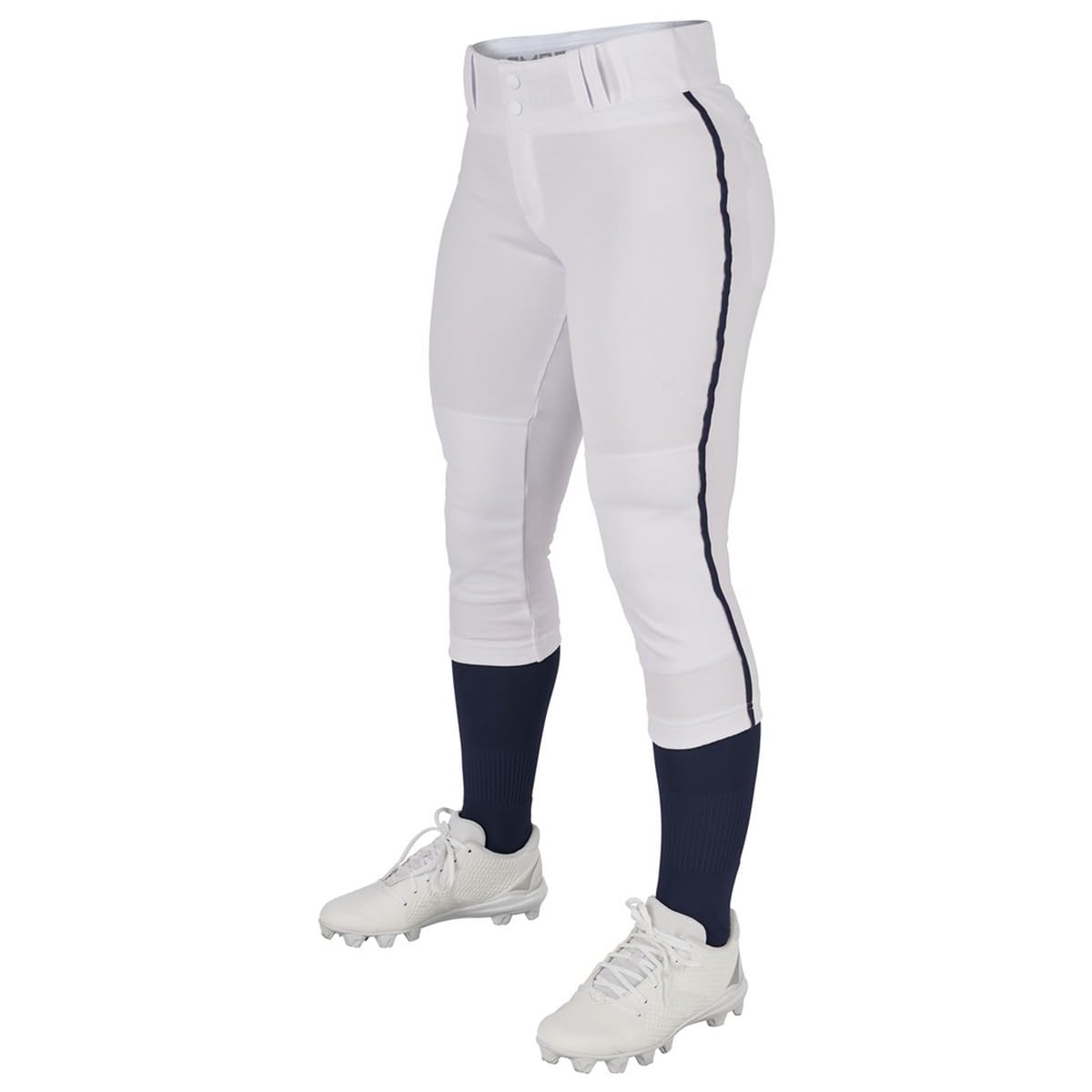 CHAMPRO Youth Tournament Low Rise Piped Fastpitch Softball Pants - White/Navy - Size S - Perfect for Youth Softball Games & Practice