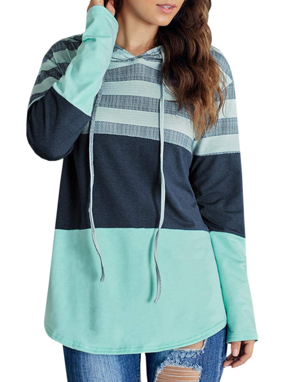 Sexyshine Women's Long Sleeve Striped Color Block Hoodie - Funnel Neck Pullover Sweatshirt for Casual Wear, Workout & Outdoor Activities
