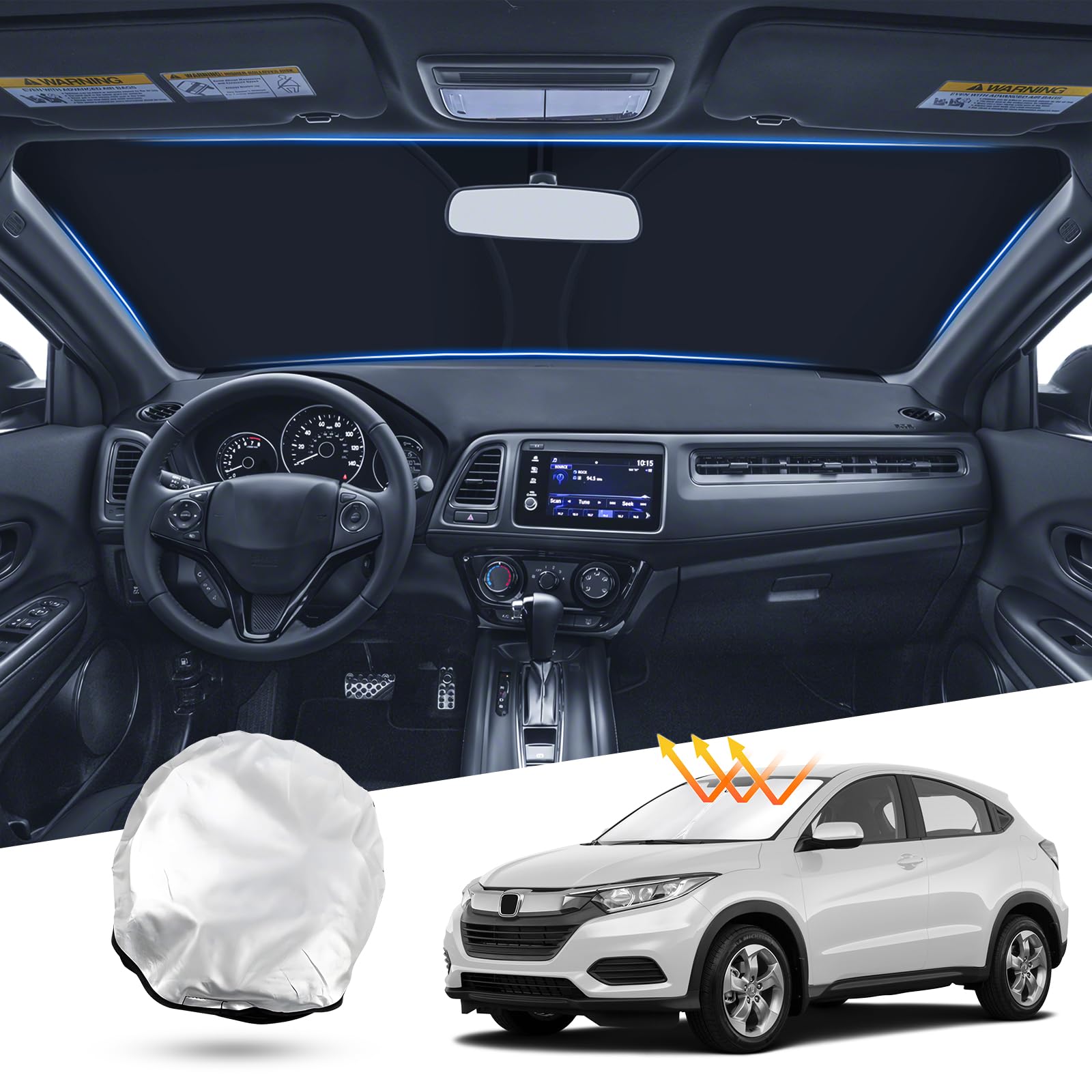 Custom Fit 2016-2022 Honda HR-V Windshield Sun Shade - Foldable Reflective Polyester Sun Visor Cover for Heat & UV Protection | Car Accessories for Summer & Parking