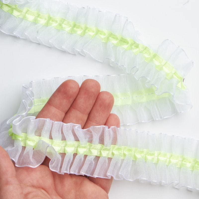 Factory Direct Craft Center Ruffled Apple Green Ribbon on White Organza Lace Trim - 2 Pieces | Perfect for DIY Wedding Decorations, Gift Wrapping & Scrapbooking