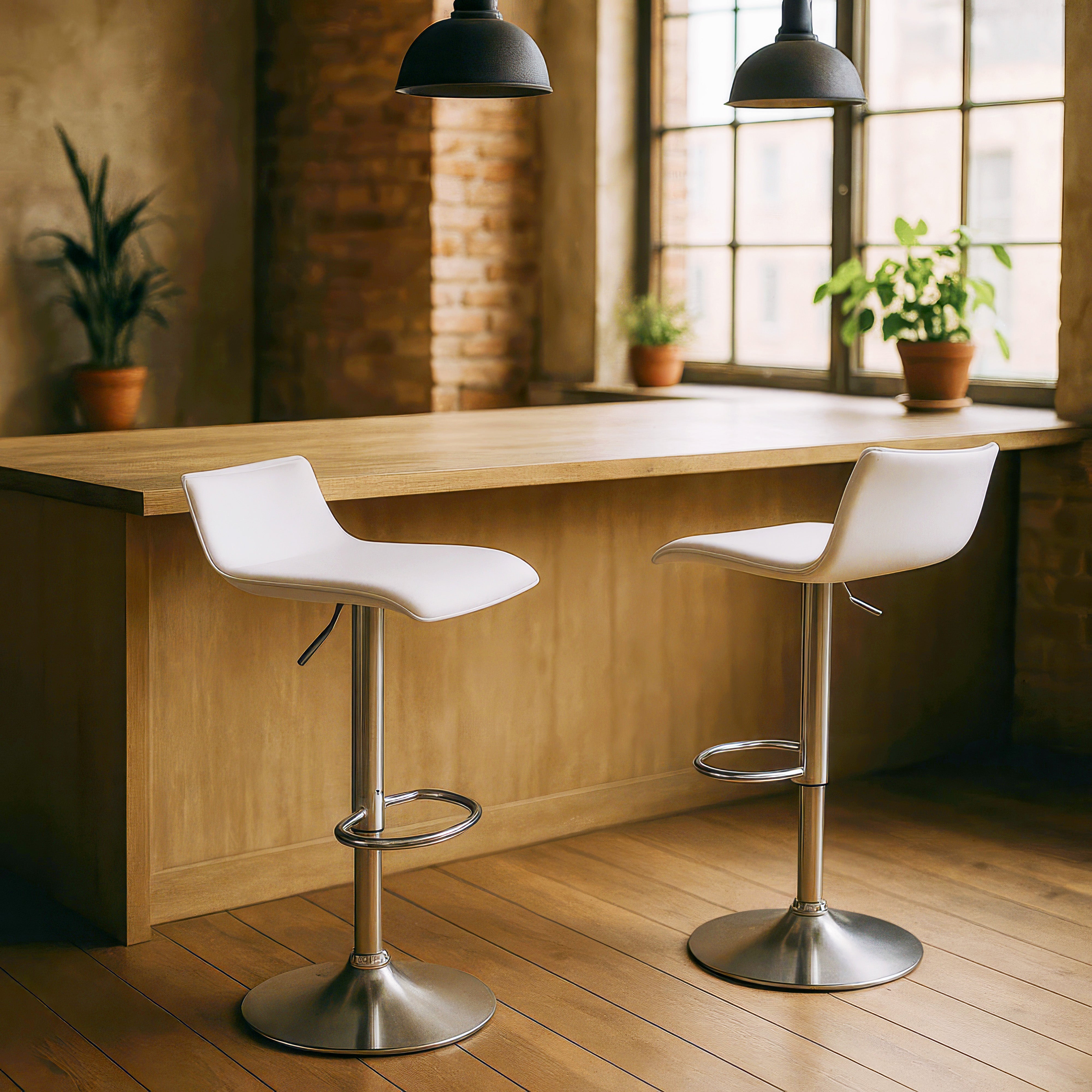 Set of 4 Urban Style Craig Bar Stools with Gas Lift Mechanism - Chrome & White Modern Kitchen Counter Stools for Dining Room, Bar or Breakfast Nook