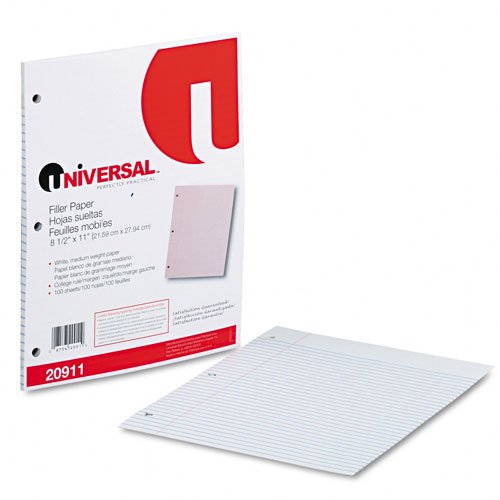 Universal Mediumweight 16-lb. Filler Paper, 11 x 8.5 Inches, College Ruled, 100 Sheets per Pack - 3-Hole Punched for Binders - Durable Bond Paper for School, Office & Note-Taking