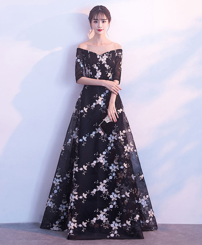 Elegant Black V-Neck Off-Shoulder Long Prom Dress for Women - Formal Evening Gown for Homecoming, Wedding, and Special Occasions